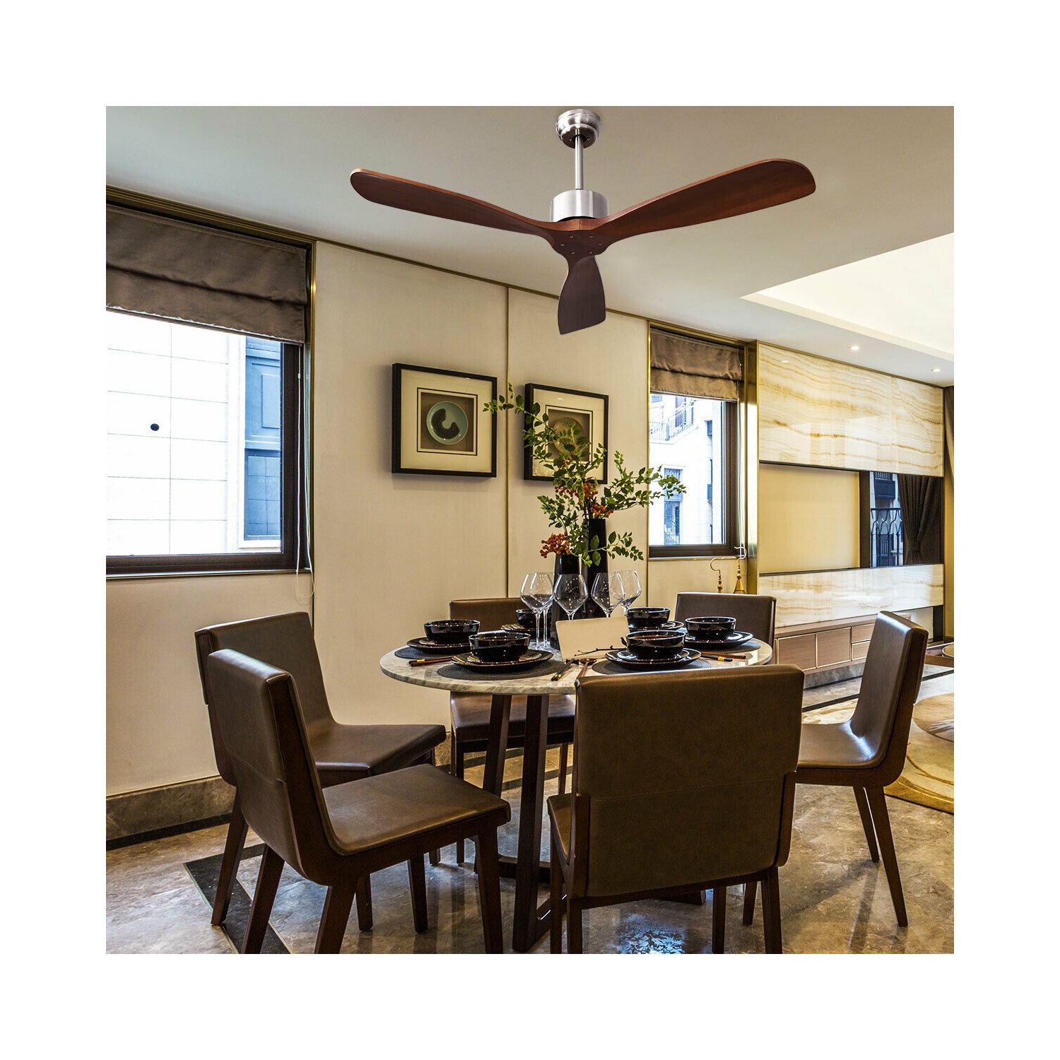 Ventilateur de plafond moderne en nickel brossé avec télécommande pour le salon