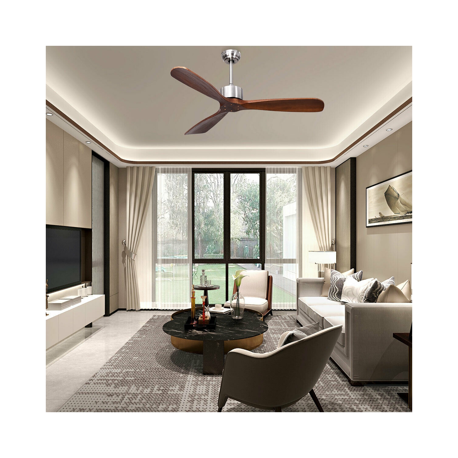 Ventilateur de plafond moderne en nickel brossé avec télécommande pour le salon