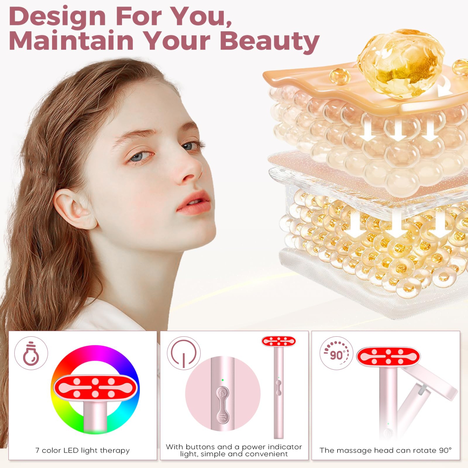 Lance thérapeutique pour le visage à lumière rouge, masseur pour les yeux EMS lumineux à 7 couleurs, outil de soins pour le visage et le cou pour les