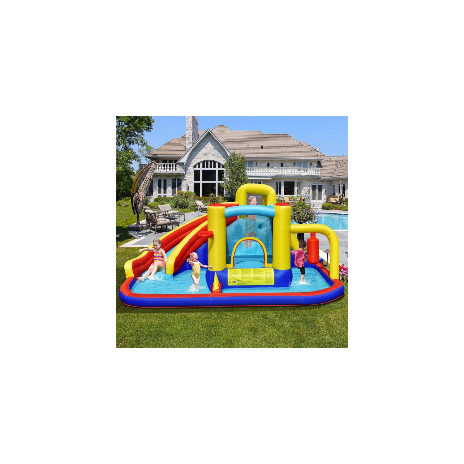 7-in-1 Inflatable Water Slide with 735W Blower and Splash Pool for Kids