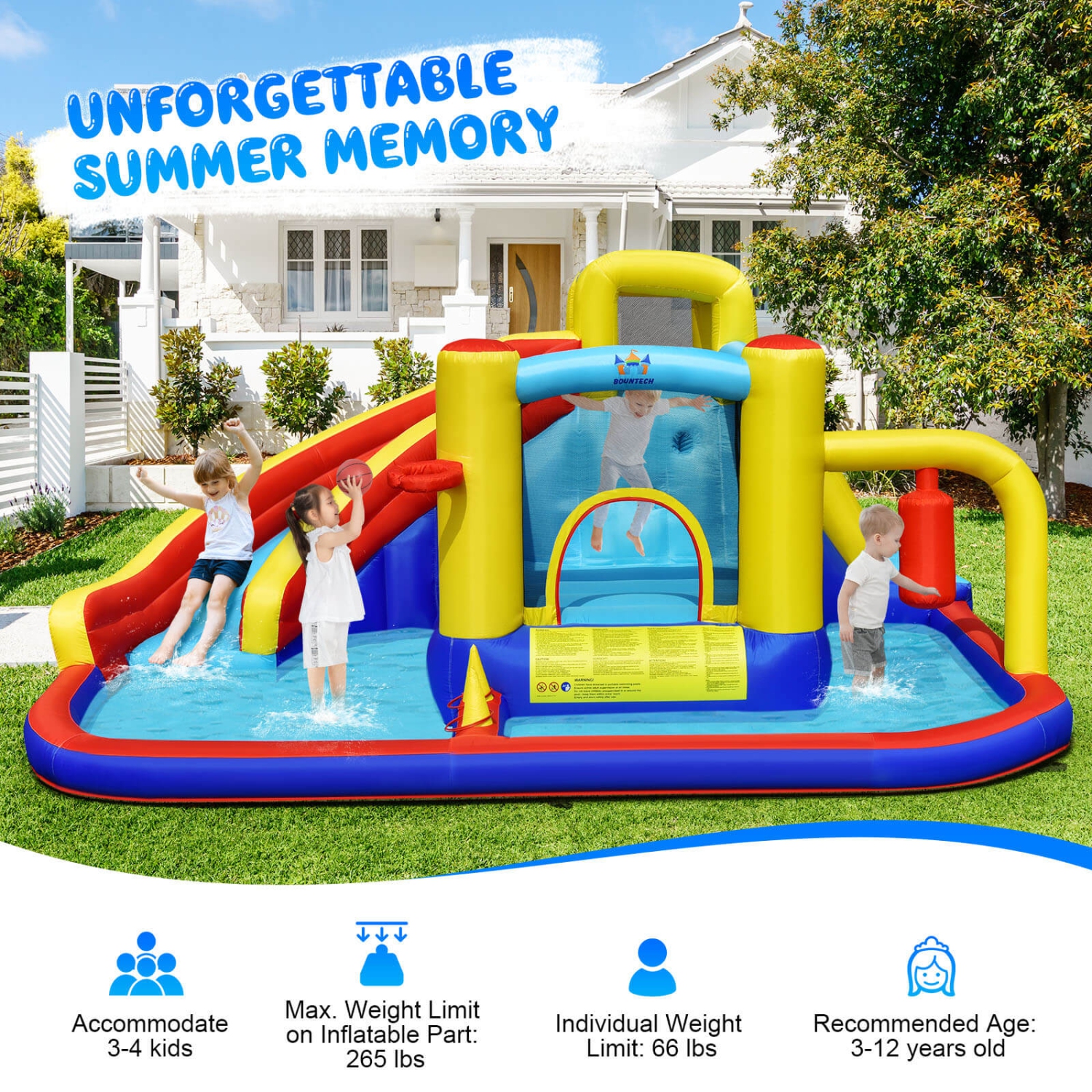7-in-1 Inflatable Water Slide with 735W Blower and Splash Pool for Kids