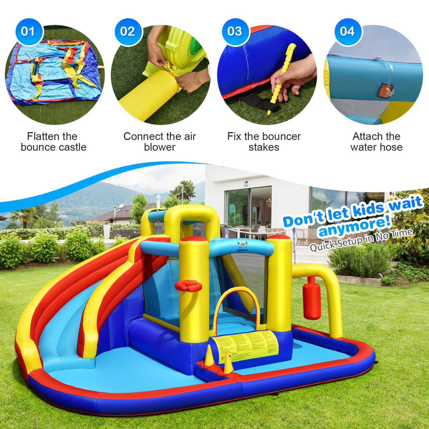 7-in-1 Inflatable Water Slide with 735W Blower and Splash Pool for Kids