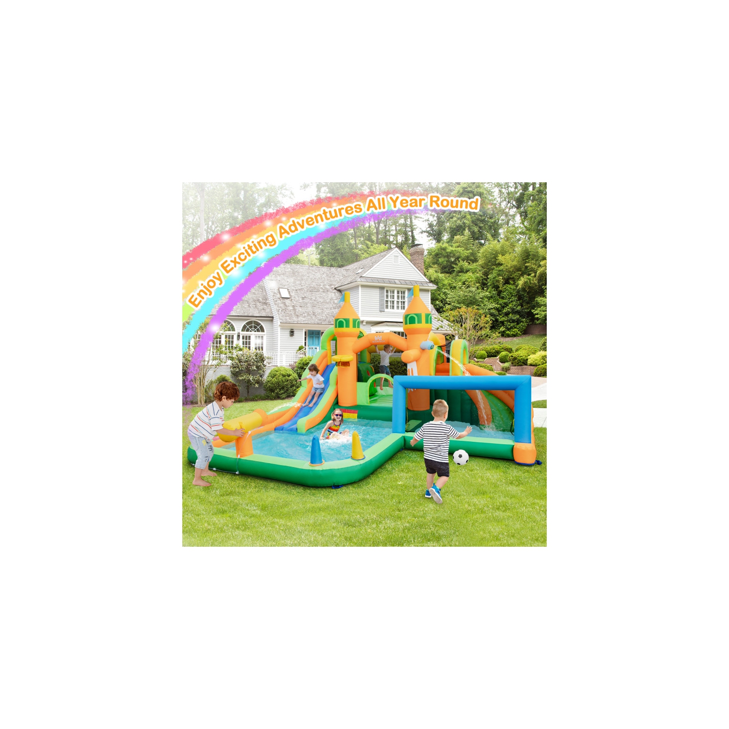 Kids Inflatable Water Slide – Backyard Lawn Pool Playhouse with 735W Blower