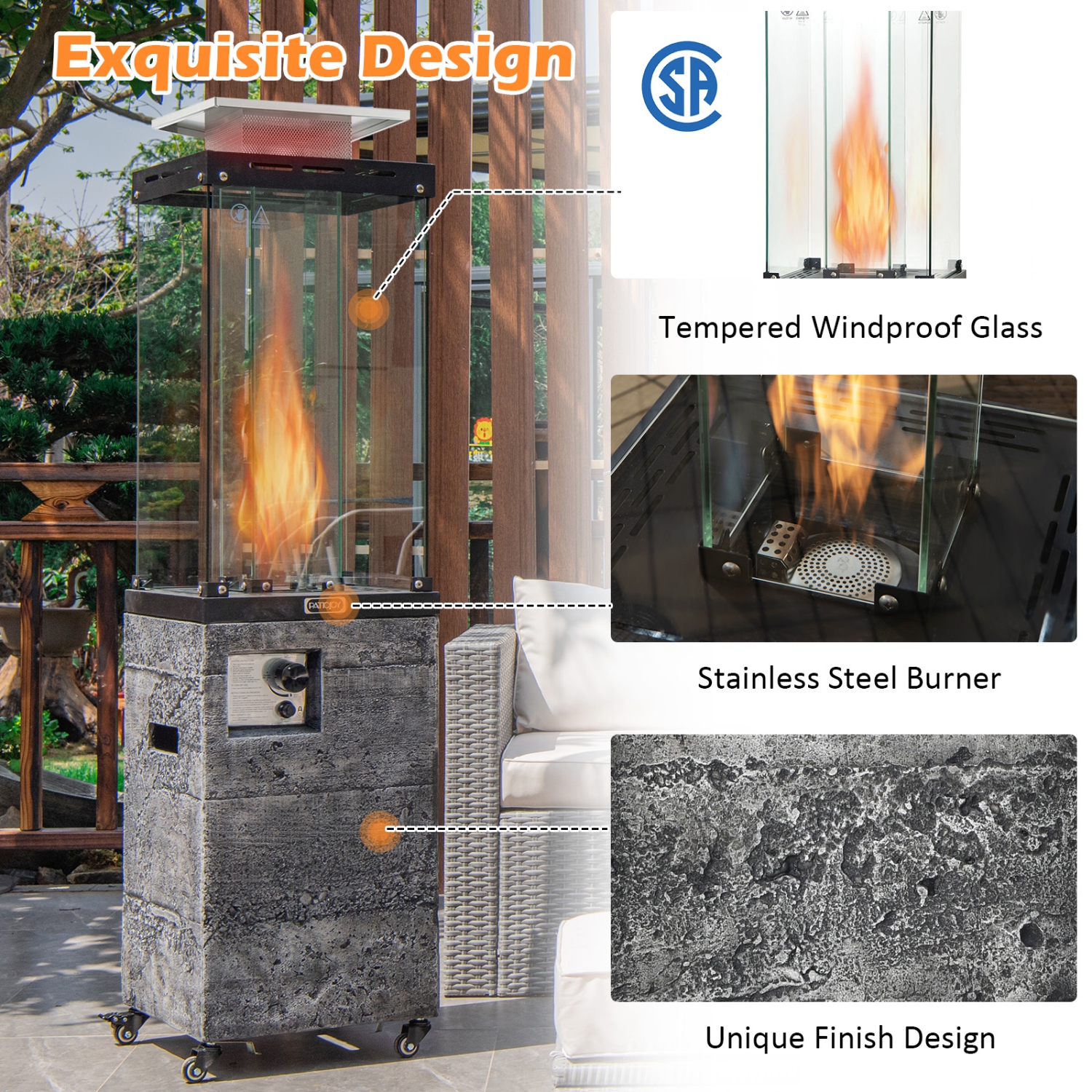 41,000 BTU Propane Patio Heater with Lockable Wheels for Outdoor Heating