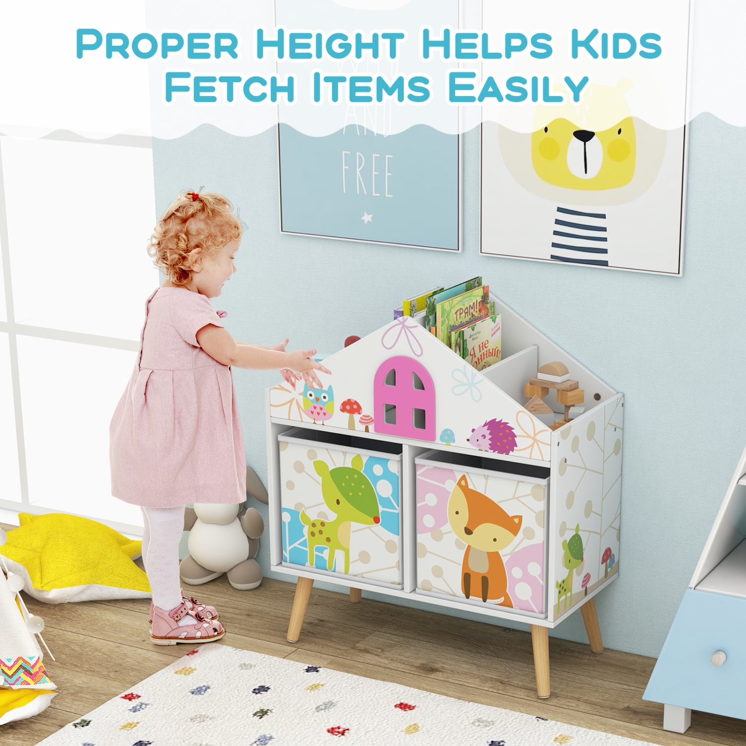 Kids House-Shaped Bookshelf with 2 Storage Bins for Bedroom or Playroom