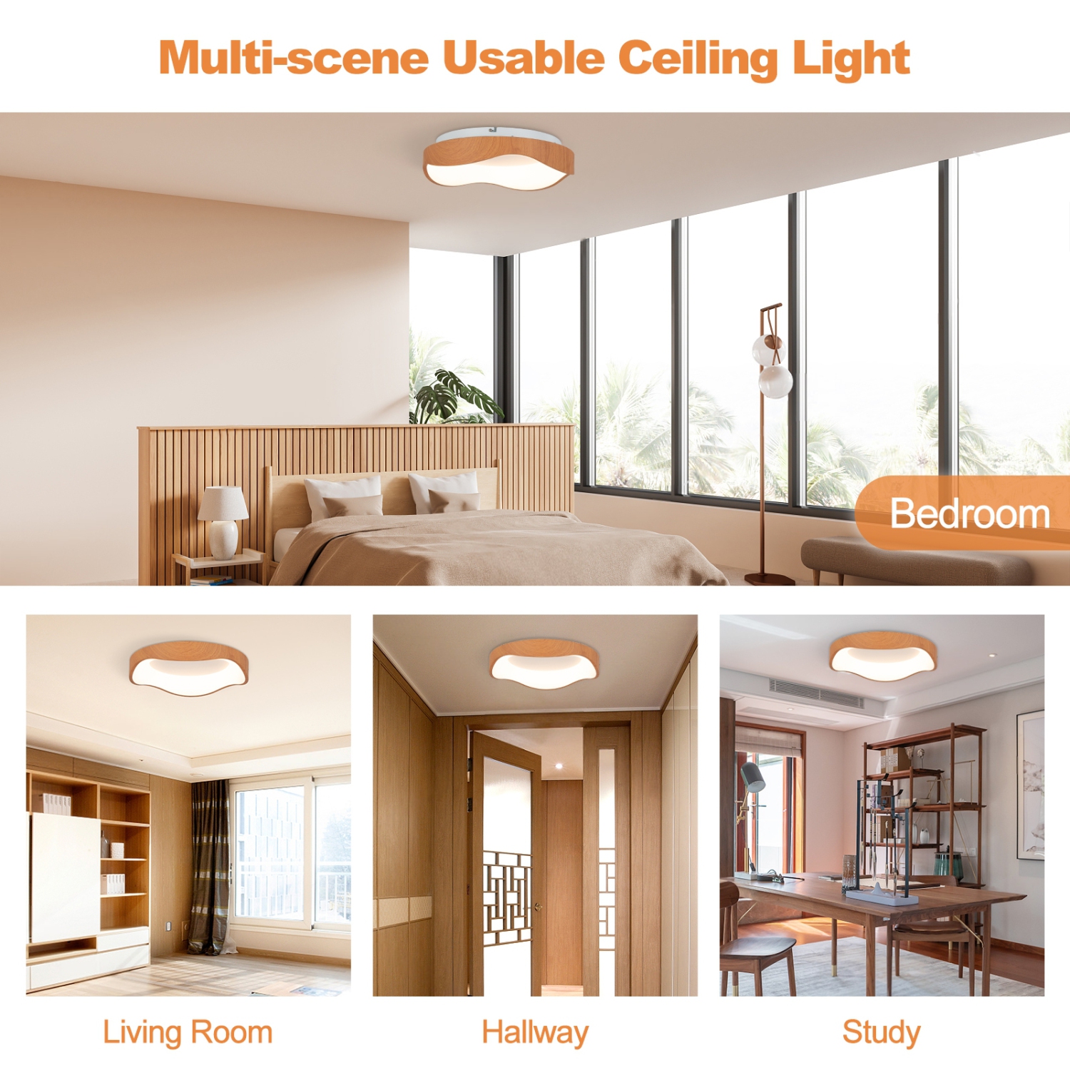 Contemporary 24W LED Ceiling Light with Wooden Design and Metal Frame