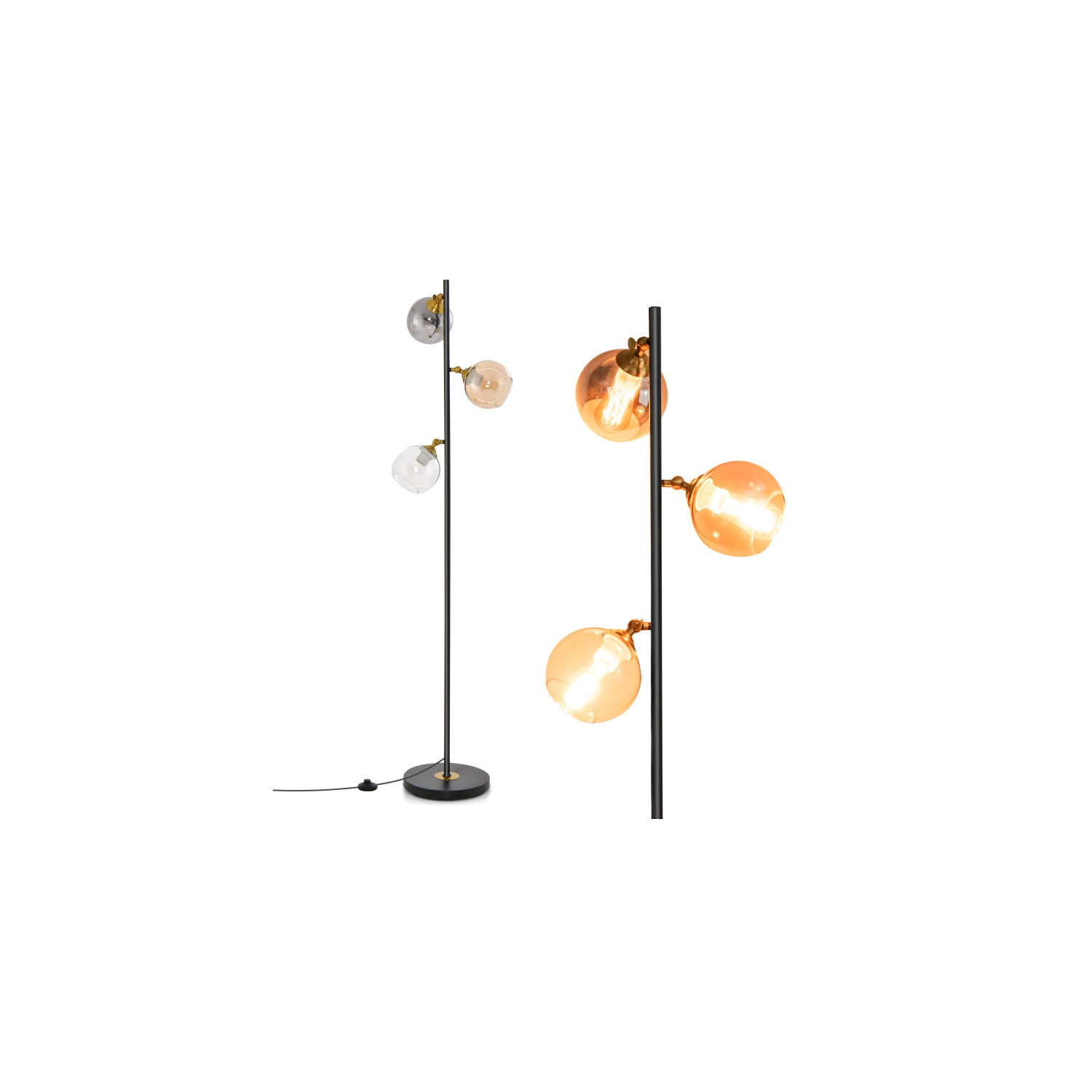 Lampadaire mi-siècle avec 3 abat-jours en verre Globe et base lestée