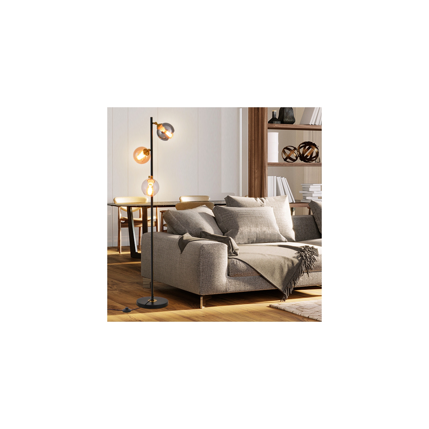 Lampadaire mi-siècle avec 3 abat-jours en verre Globe et base lestée