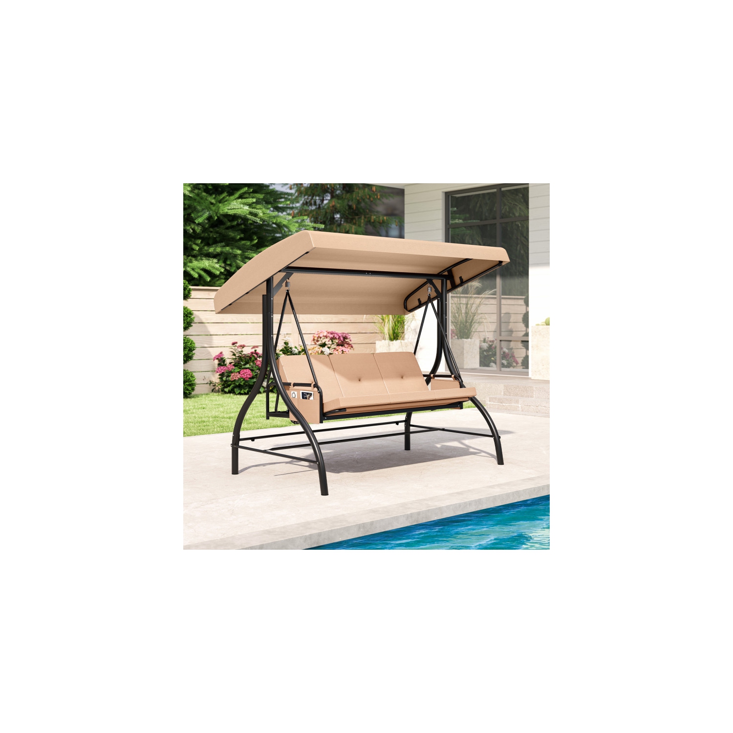 Balançoire pour patio 3 pièces – Balançoire d'extérieur confortable avec coussins et rangement latéral