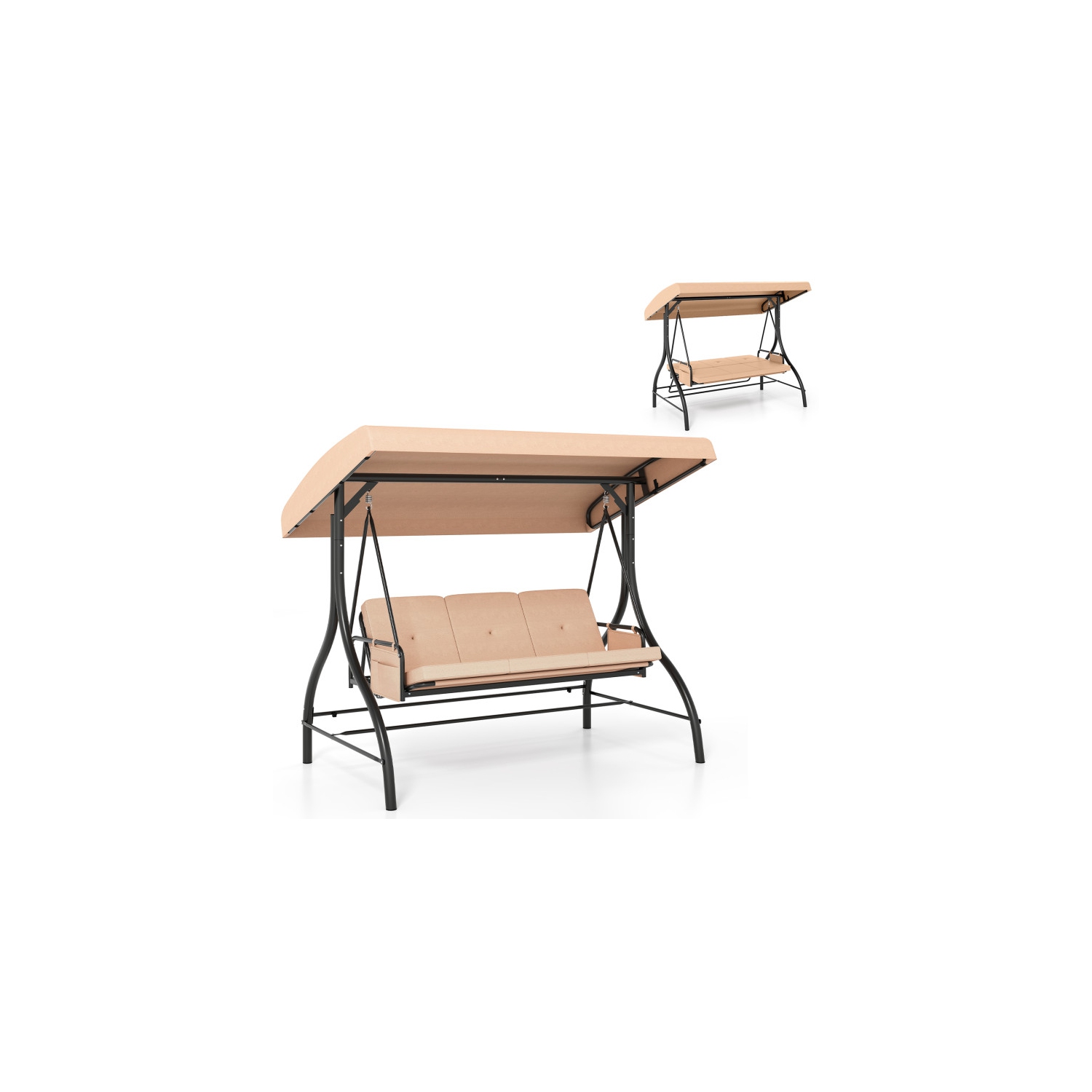 Balançoire pour patio 3 pièces – Balançoire d'extérieur confortable avec coussins et rangement latéral