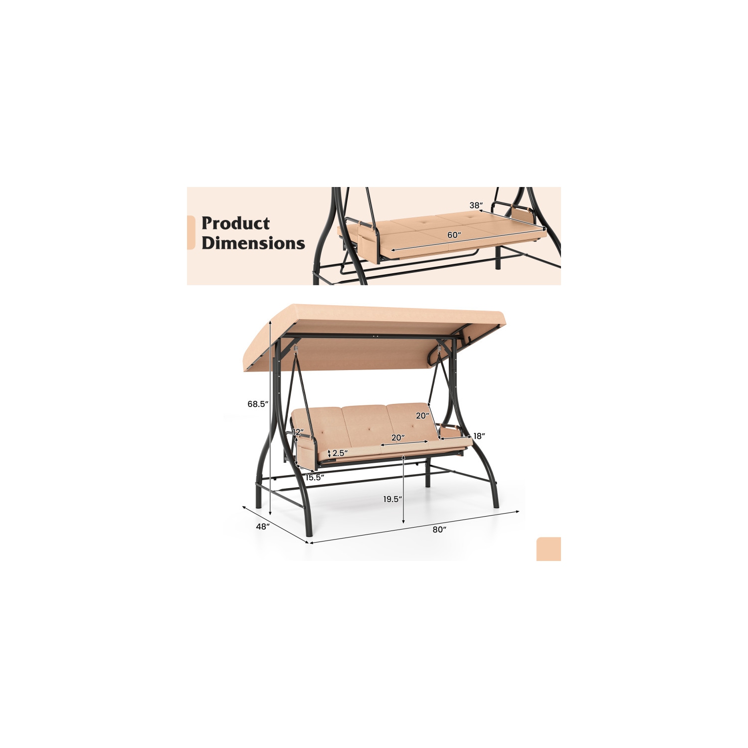 Balançoire pour patio 3 pièces – Balançoire d'extérieur confortable avec coussins et rangement latéral