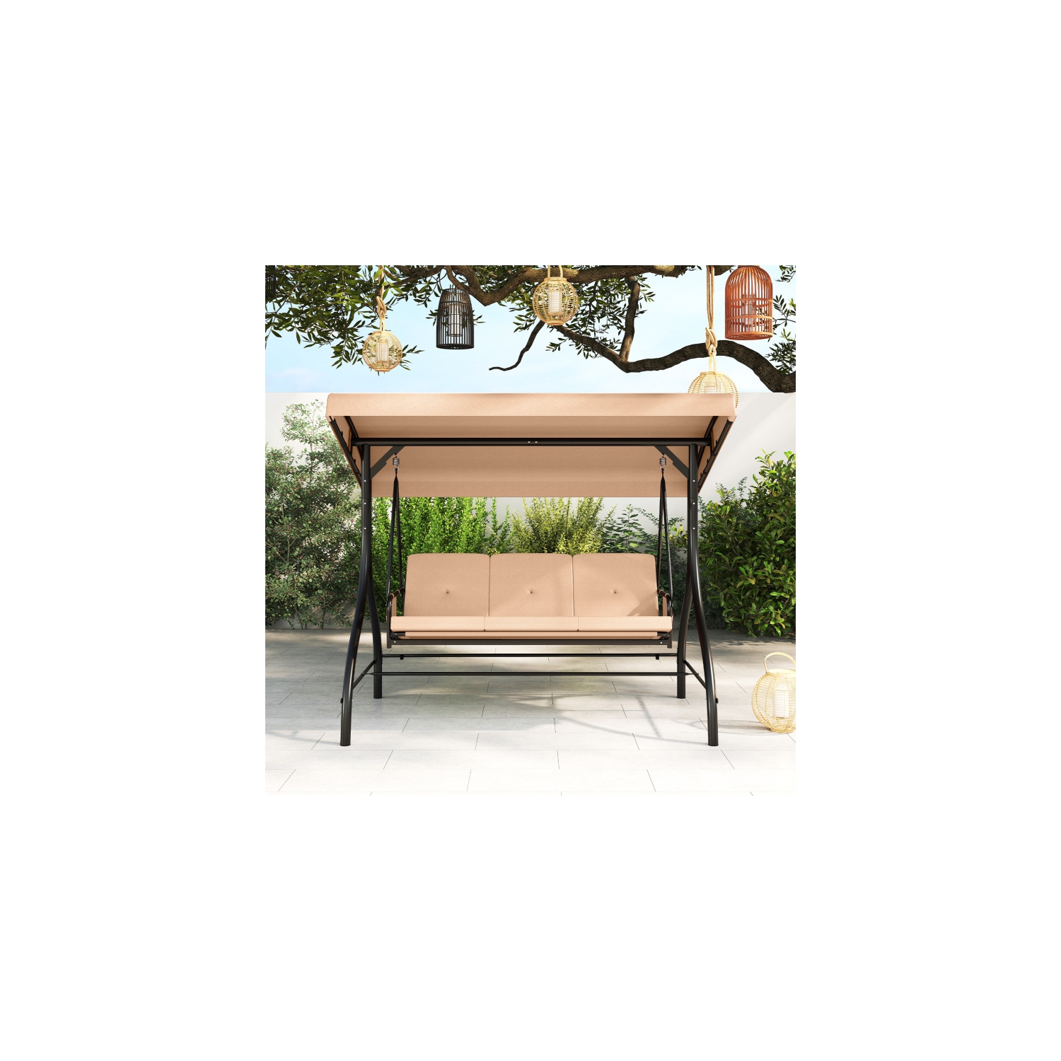 Balançoire pour patio 3 pièces – Balançoire d'extérieur confortable avec coussins et rangement latéral