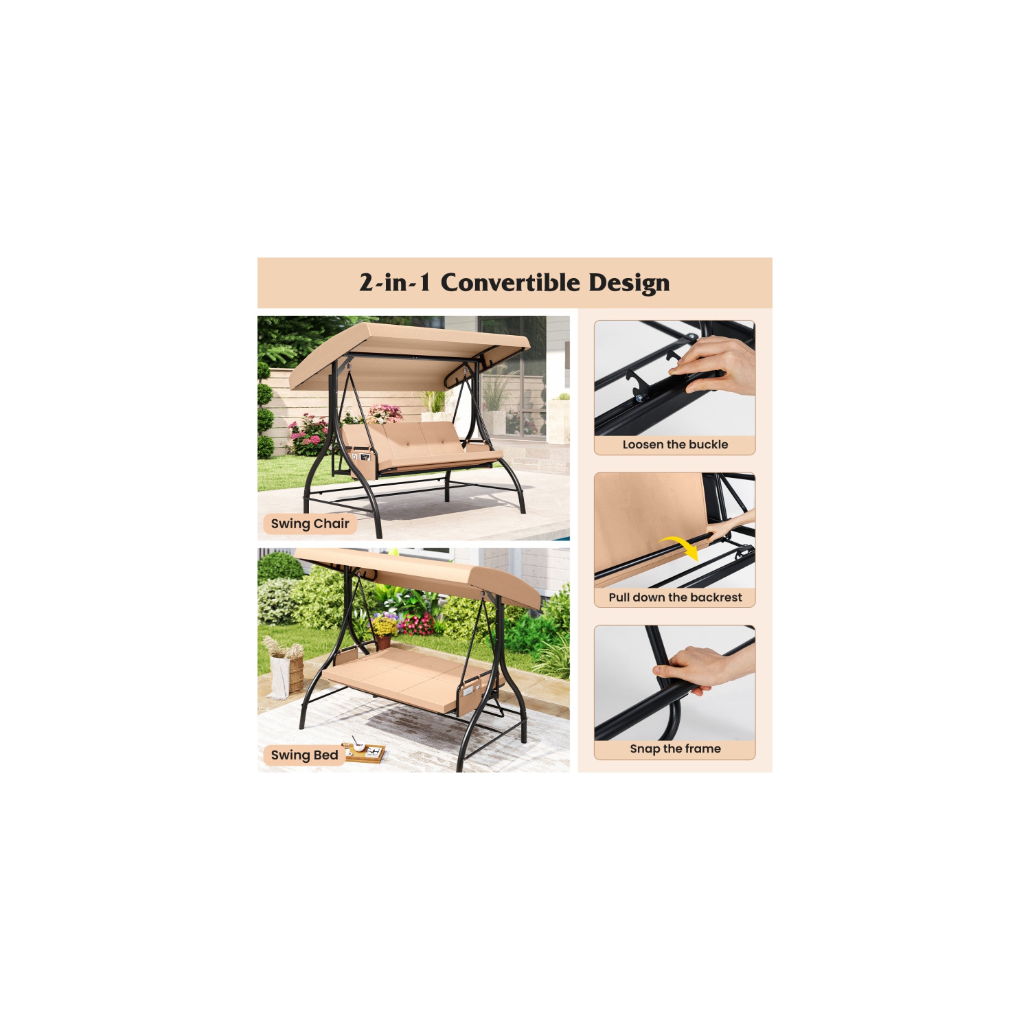 Balançoire pour patio 3 pièces – Balançoire d'extérieur confortable avec coussins et rangement latéral