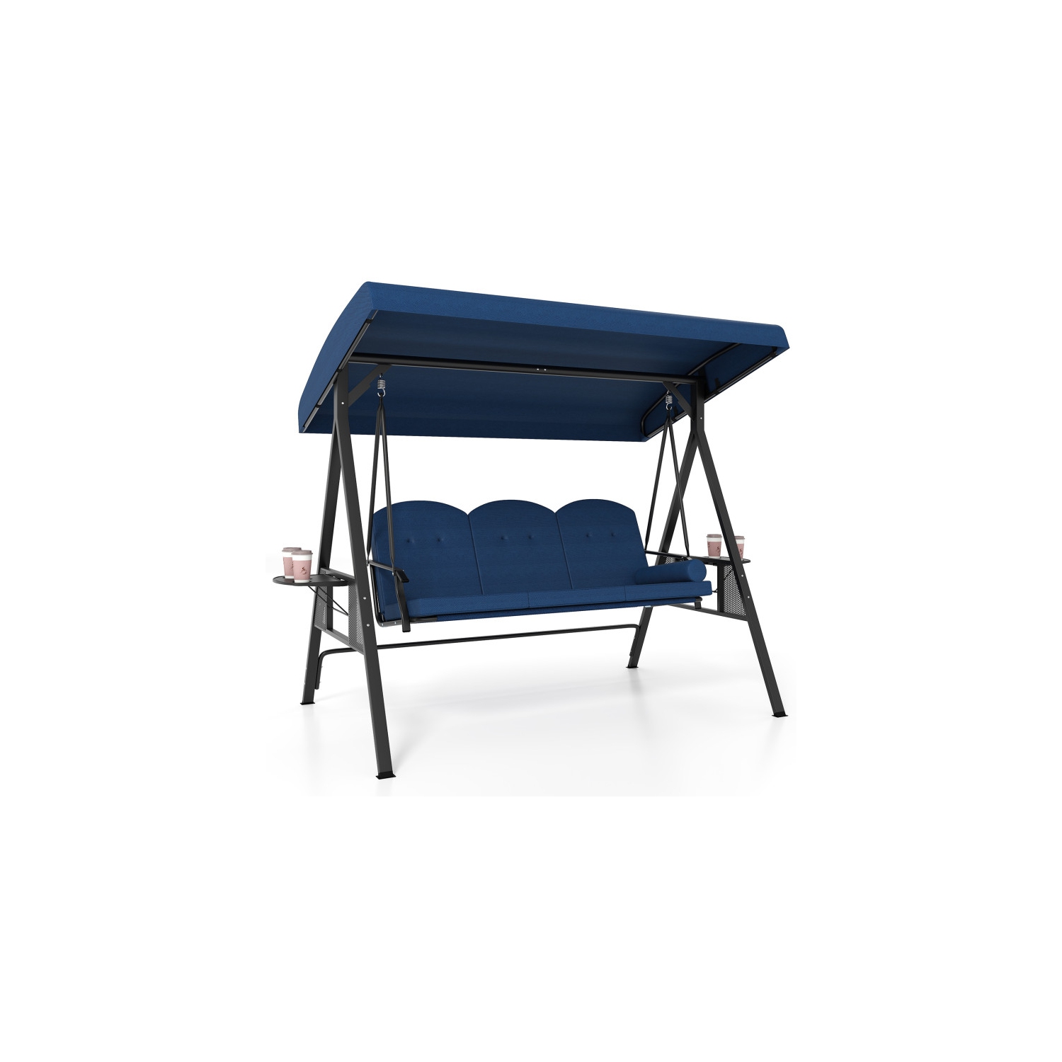 Balançoire extérieure de luxe pour 3&nbsp;personnes – Balancelle avec auvent réglable, coussins et plateaux