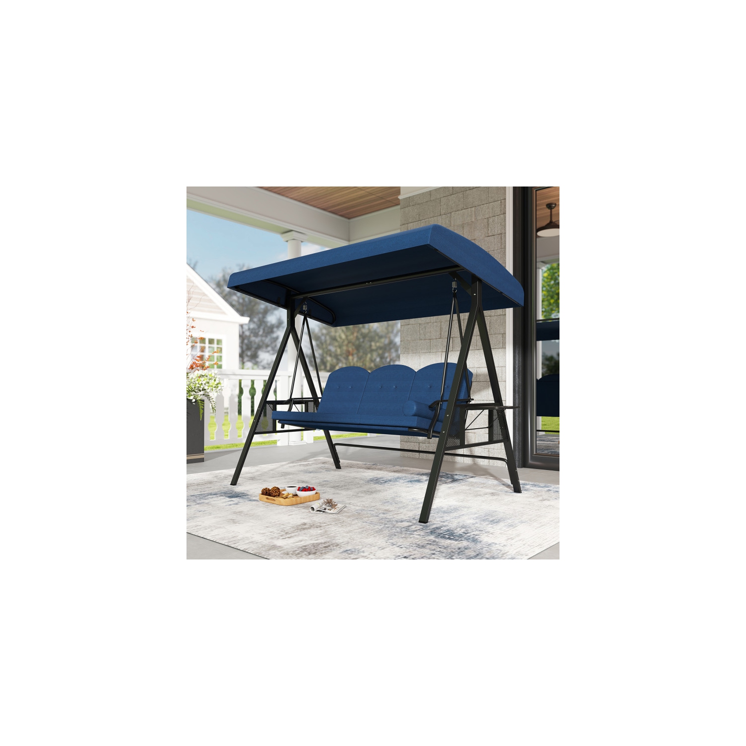 Balançoire extérieure de luxe pour 3 personnes – Balancelle avec auvent réglable, coussins et plateaux