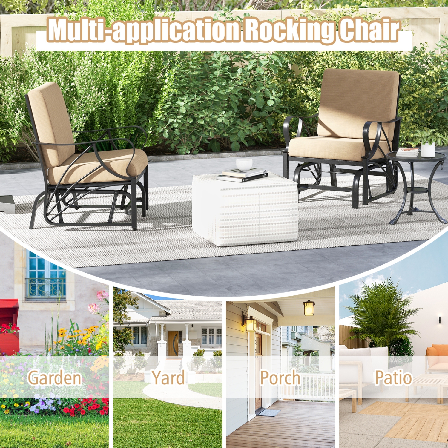 Chaise berçante confortable pour patio avec accoudoirs incurvés