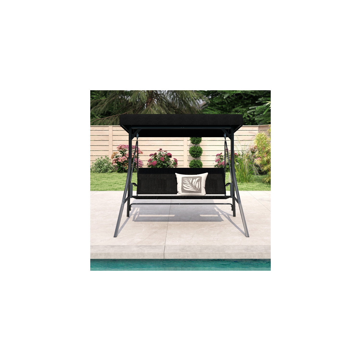Garden Patio Porch Swing 3-Person – Outdoor Swing Chair with Stand & Rattan Back Design