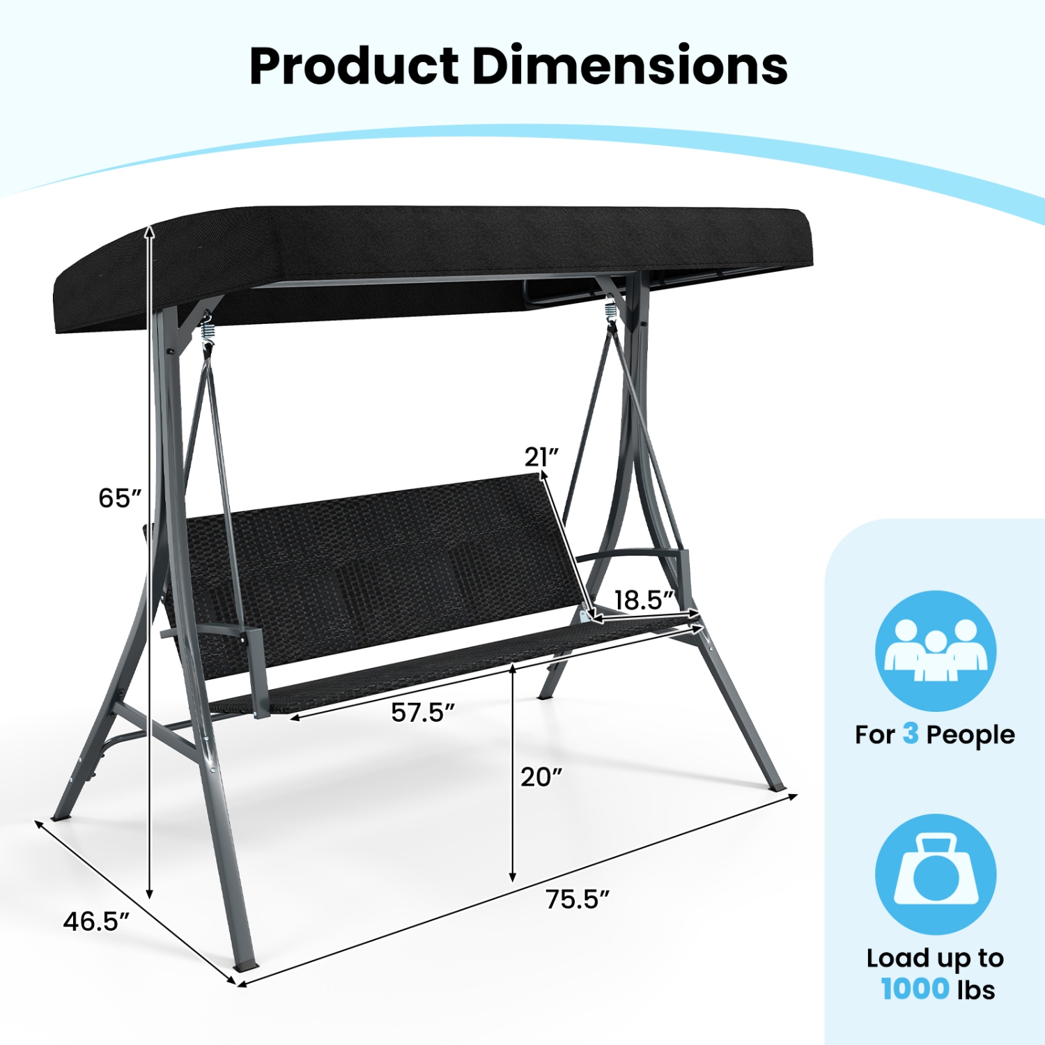 Garden Patio Porch Swing 3-Person – Outdoor Swing Chair with Stand & Rattan Back Design
