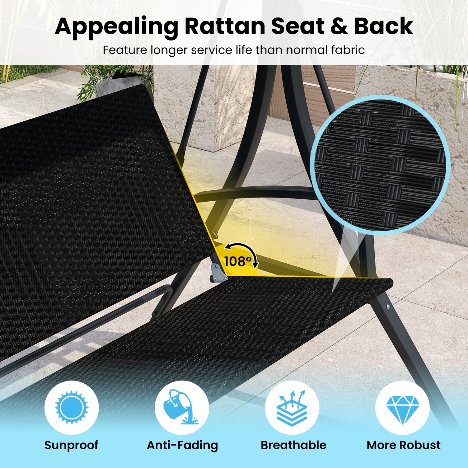 Garden Patio Porch Swing 3-Person – Outdoor Swing Chair with Stand & Rattan Back Design