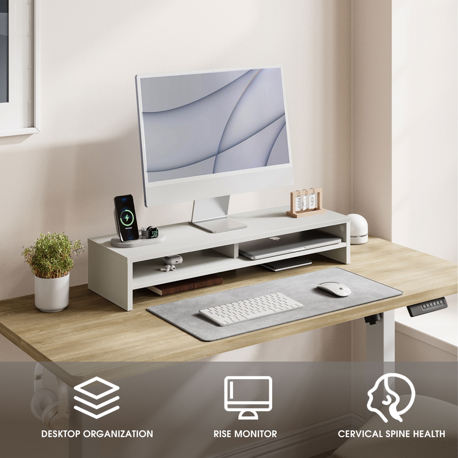 FENGE – Support élévateur pour moniteur à 2 niveaux, grand support pour ordinateur portatif avec espace de rangement pour clavier, accessoires de