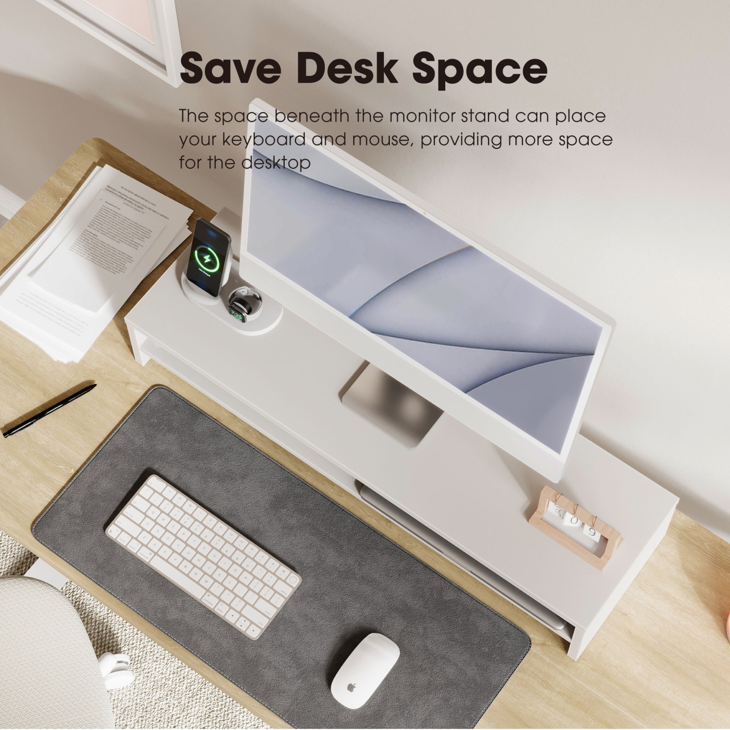 FENGE – Support élévateur pour moniteur à 2 niveaux, grand support pour ordinateur portatif avec espace de rangement pour clavier, accessoires de