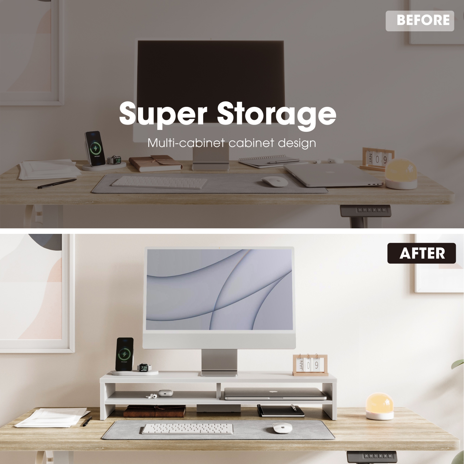 FENGE – Support élévateur pour moniteur à 2 niveaux, grand support pour ordinateur portatif avec espace de rangement pour clavier, accessoires de