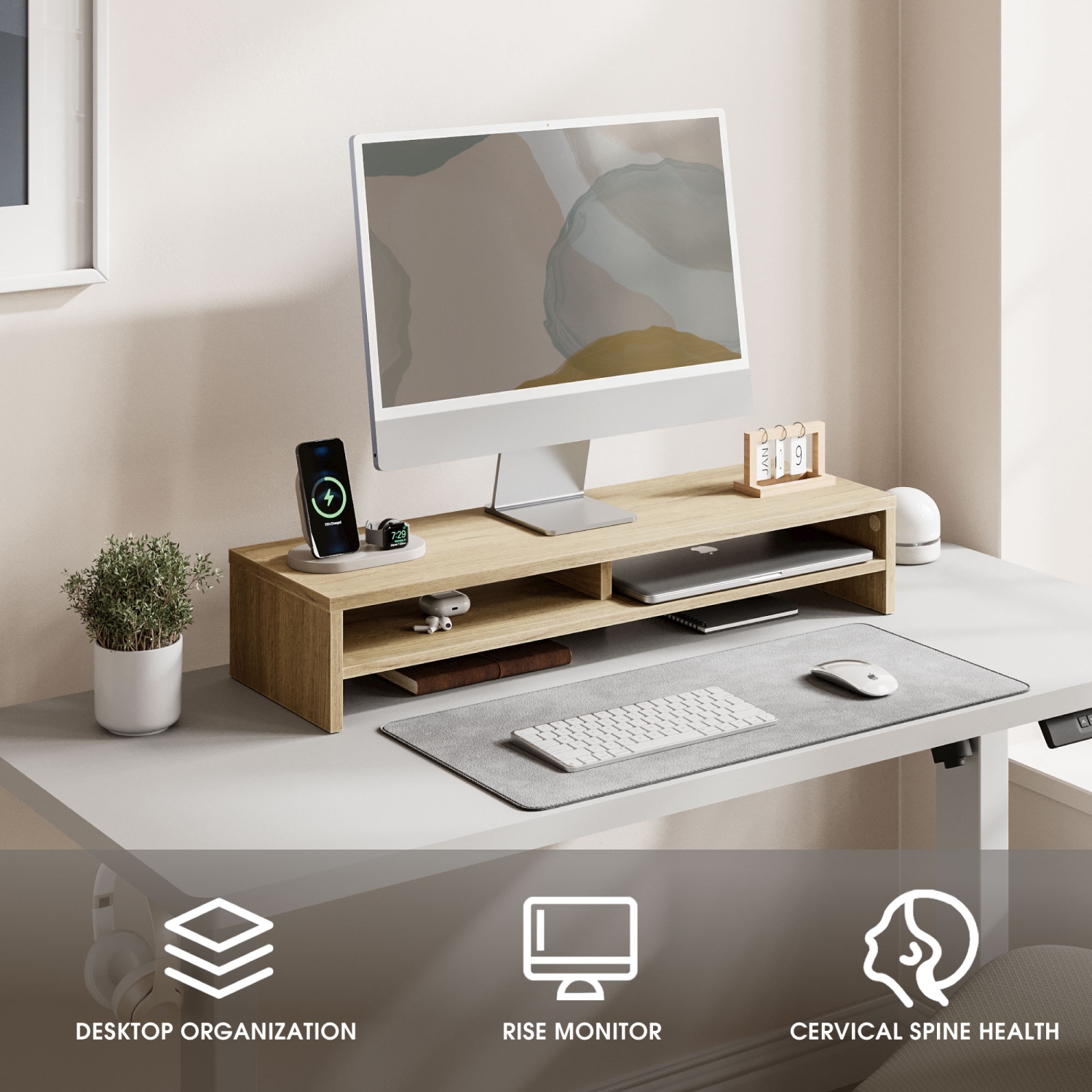 FENGE 2 Tiers Monitor Riser Stand Large Computer Laptop Stand with Keyboard Storage Space, Desk Accessories, Home Office Supplies