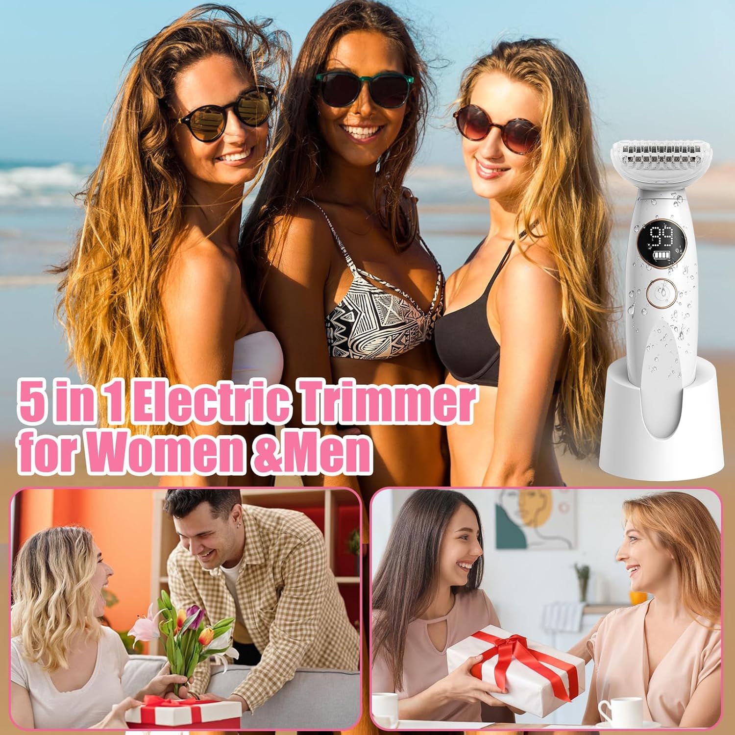 5 in 1 Bikini Trimmer for Women, Electric Razors for Women Pubic Hair Trimmer Waterproof Facial Hair Removal Cordless Electric Bikini Shaver with USB