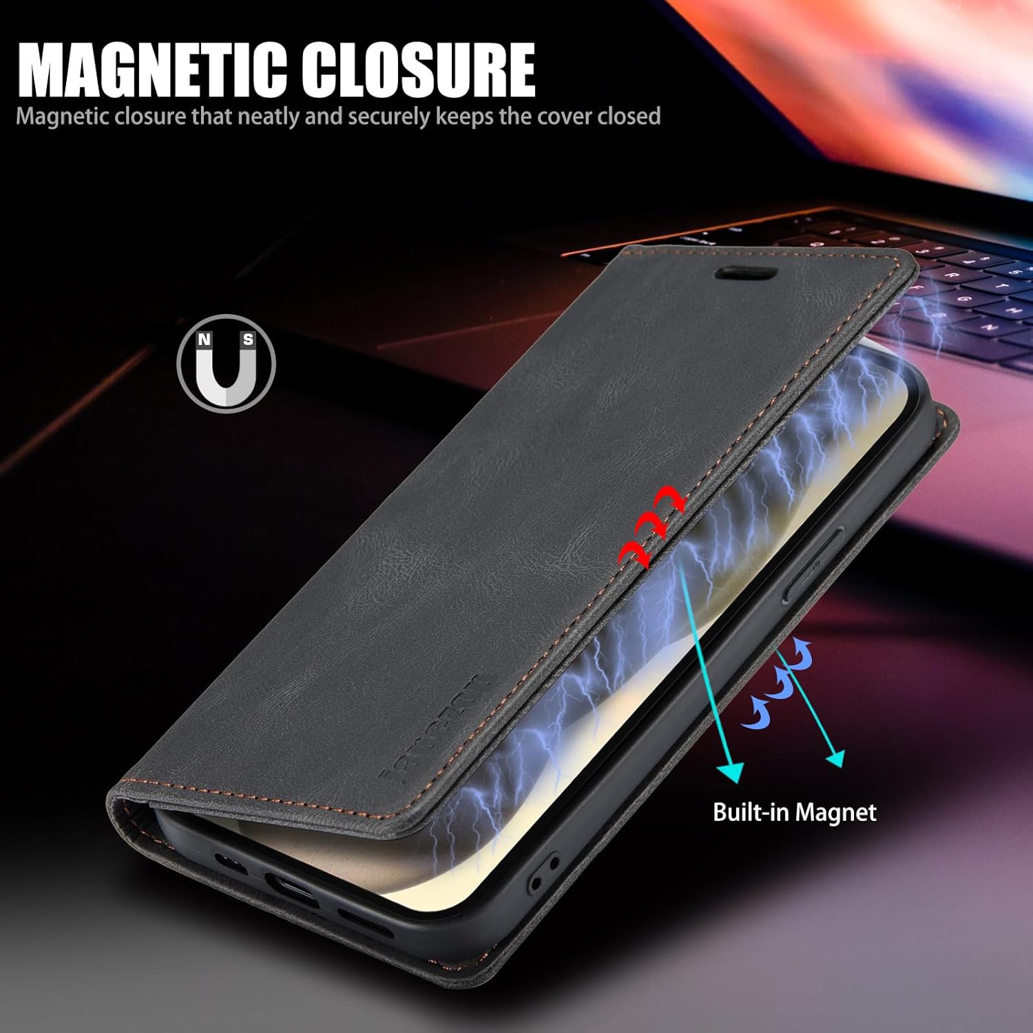 Étui portefeuille en cuir pour iPhone 16E - Étui à rabat pliable avec porte-carte de crédit et fermeture magnétique - Noir