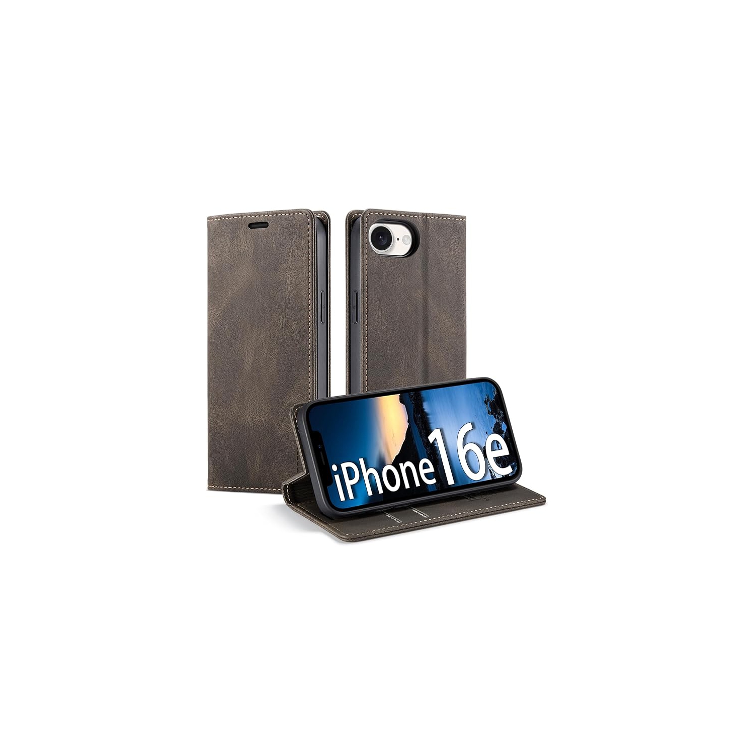 Étui portefeuille en cuir pour iPhone 16E - Étui à rabat pliable avec porte-carte de crédit et fermeture magnétique - Brun