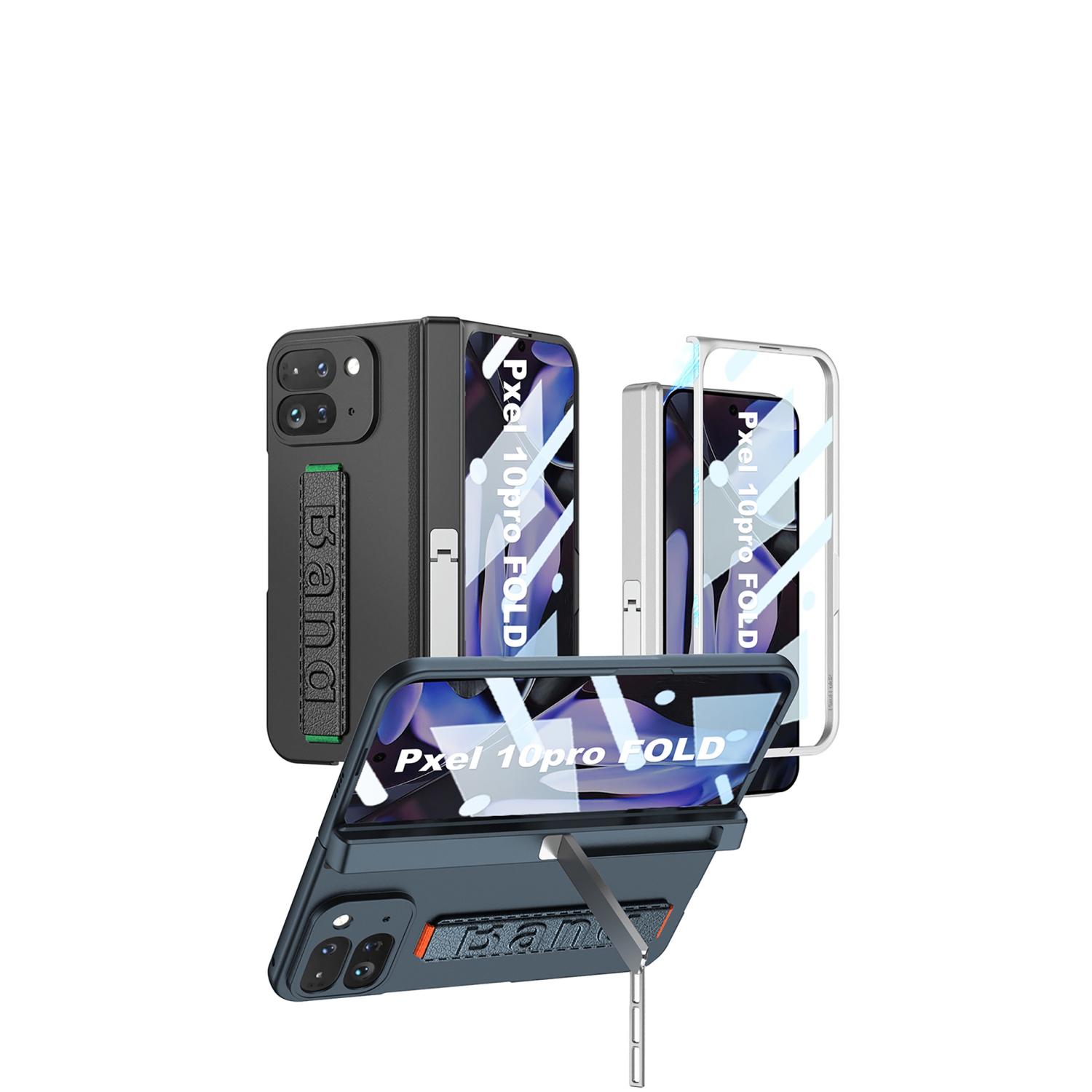 Étui bracelet élastique pour Pixel 10 Pro Fold de Google avec couverture complète, pellicule et support latéral - Noir froid AA10940279