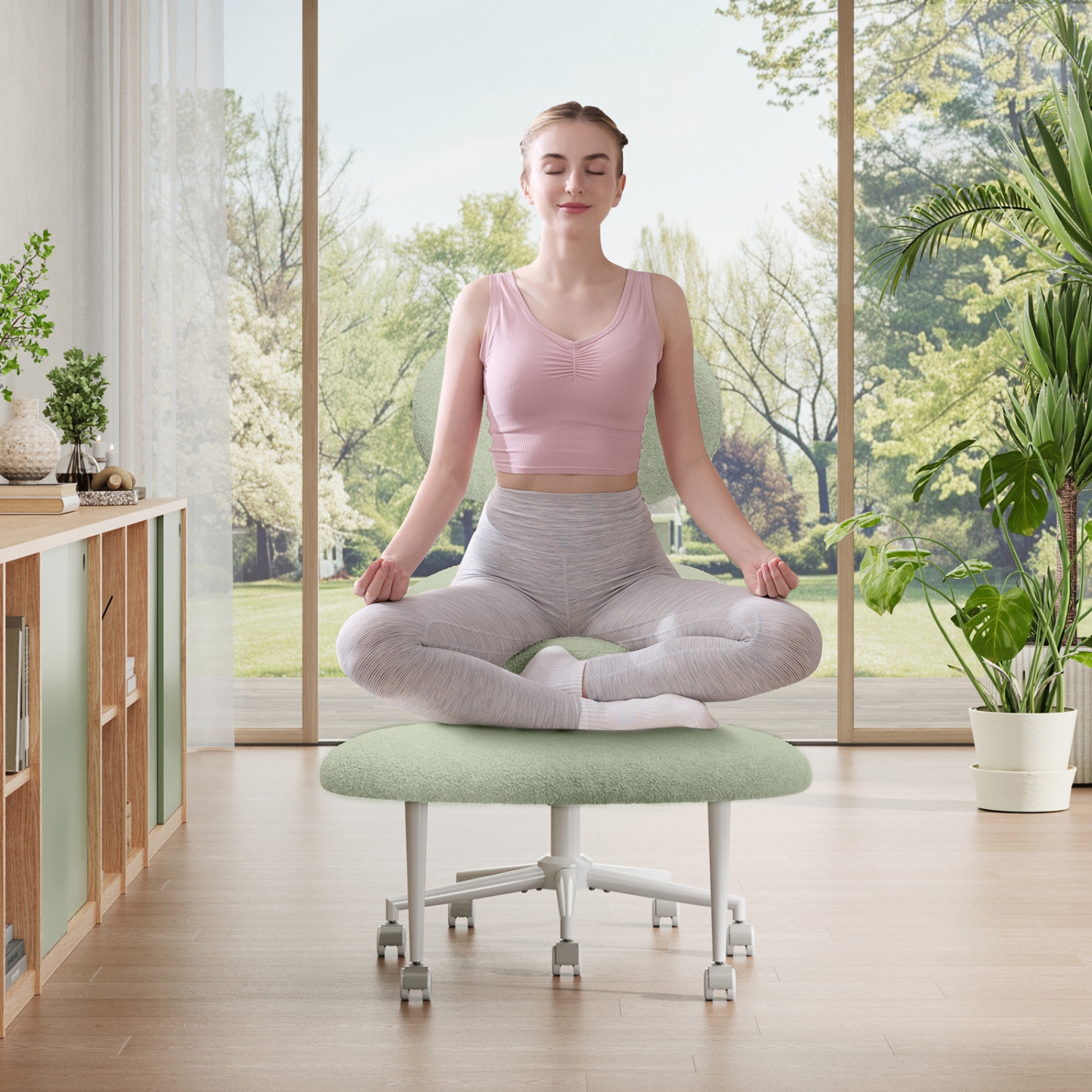 Fauteuil pivotant ergonomique à pattes croisées Pinmoco, hauteur réglable et tissu en peluche, fauteuil de méditation avec dossier