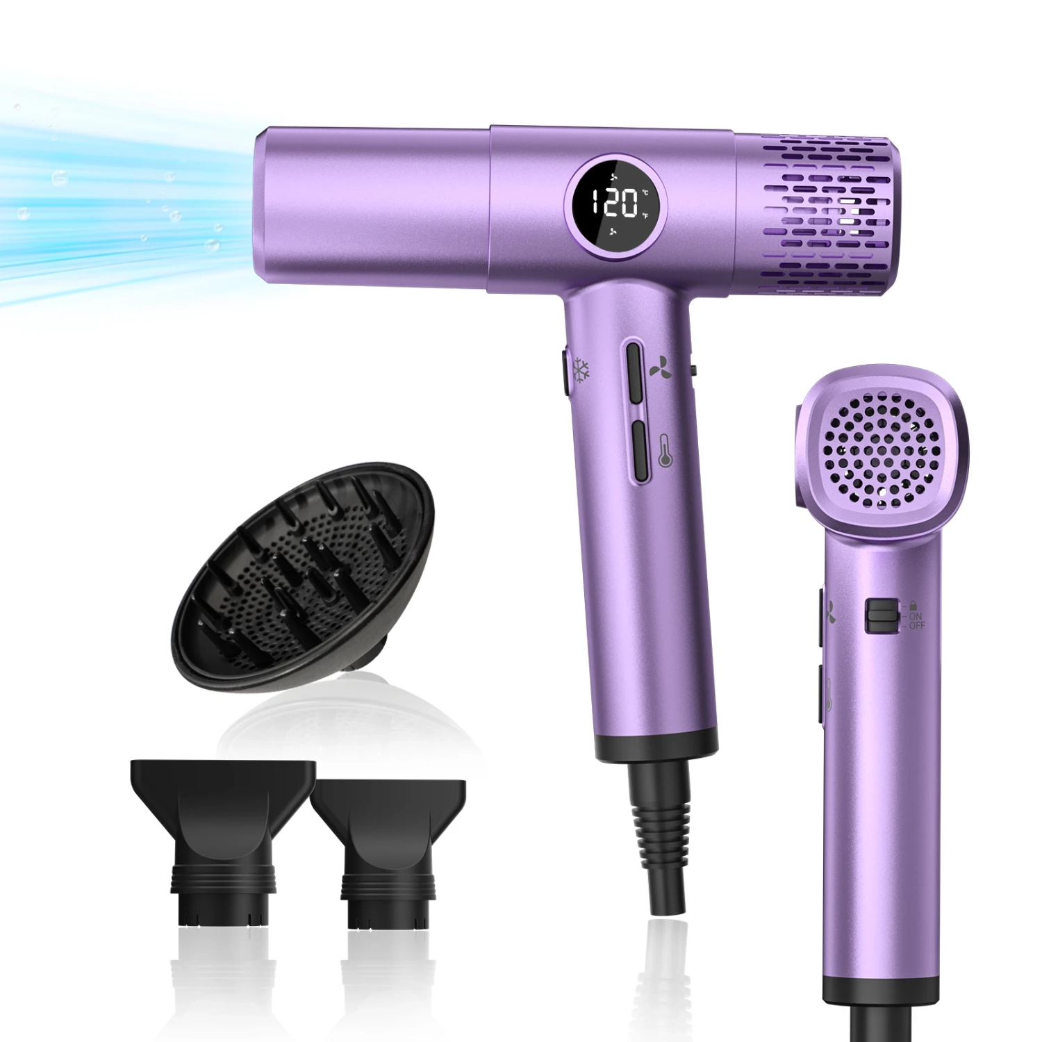 New High-Speed Hair Dryer with Display, Brushless Motor, Three Speed and Temperature Settings - US 110V - Purple