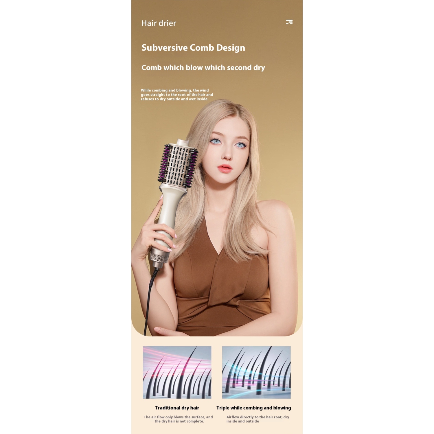 Sèche-cheveux multifonction 3-en-1 Peigne à air chaud Brosse à friser pour cheveux droits Peigne à cheveux duveteux Champagne doré - American Standard