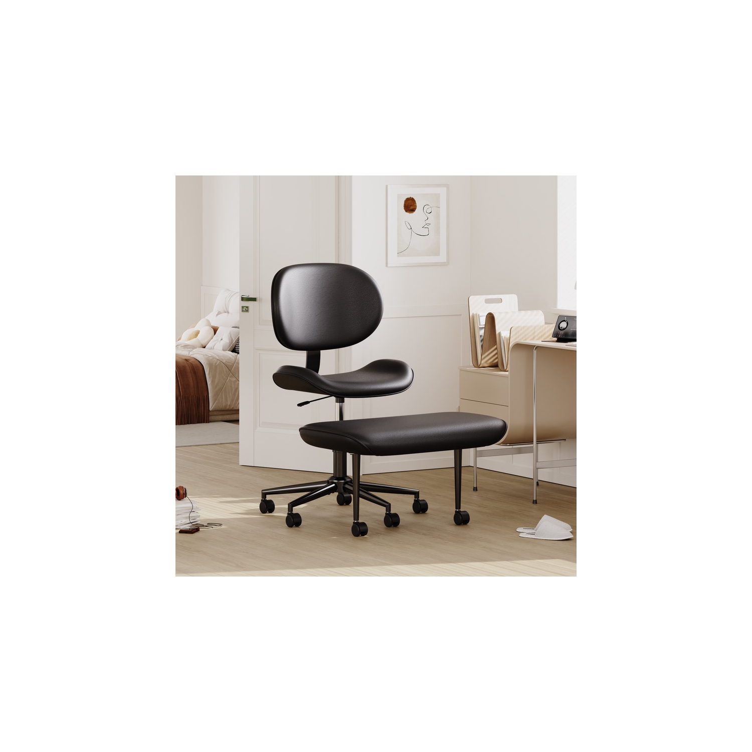 Fauteuil pivotant ergonomique à pattes croisées Pinmoco, fauteuil de méditation réglable en similicuir PU avec dossier, fauteuil de bureau/maison
