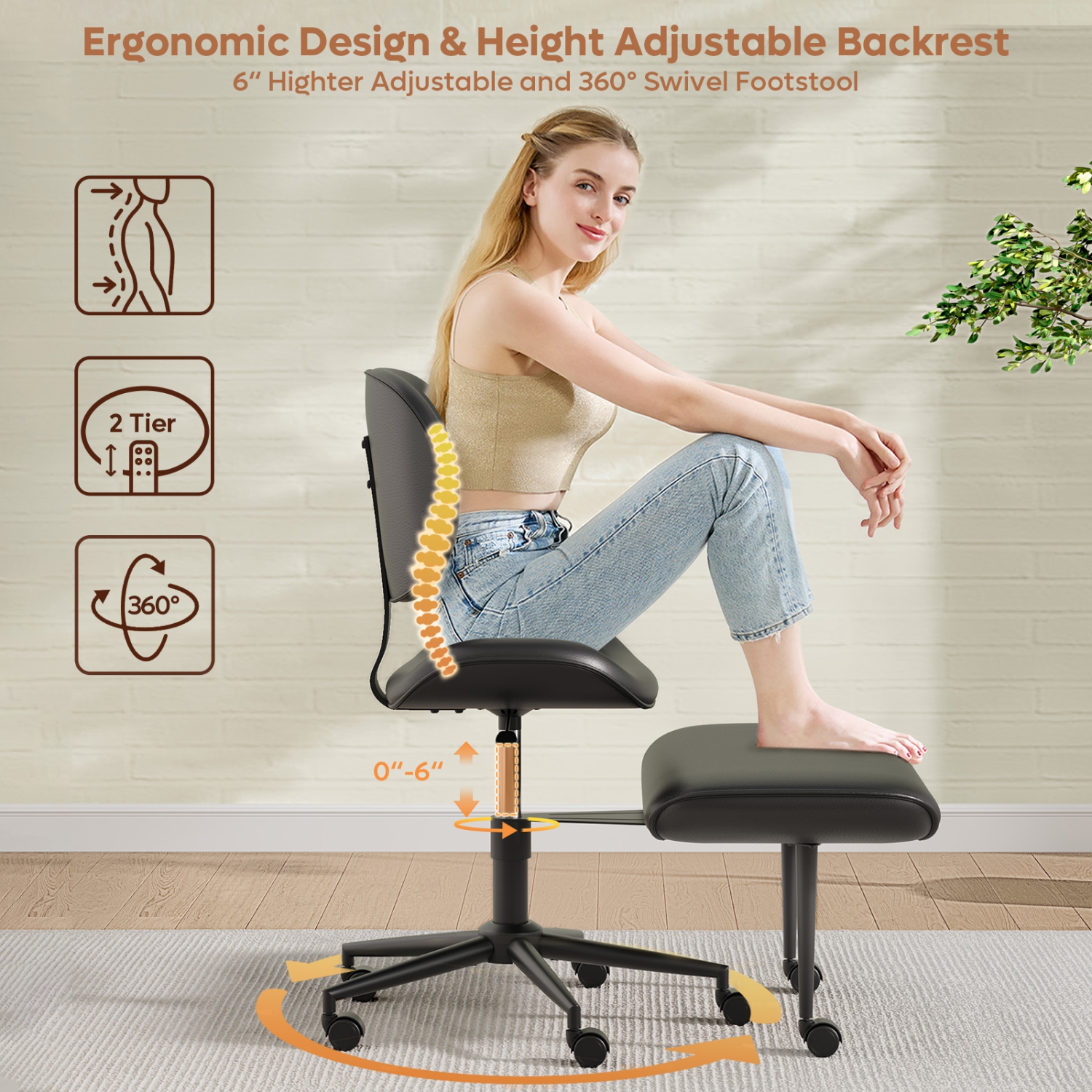 Fauteuil pivotant ergonomique à pattes croisées Pinmoco, fauteuil de méditation réglable en similicuir PU avec dossier, fauteuil de bureau/maison