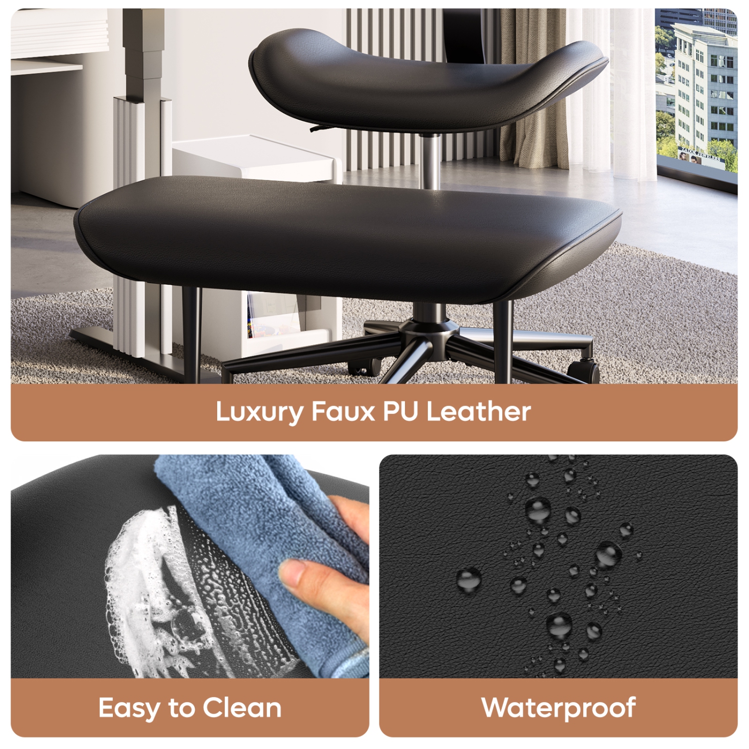 Fauteuil pivotant ergonomique à pattes croisées Pinmoco, fauteuil de méditation réglable en similicuir PU avec dossier, fauteuil de bureau/maison