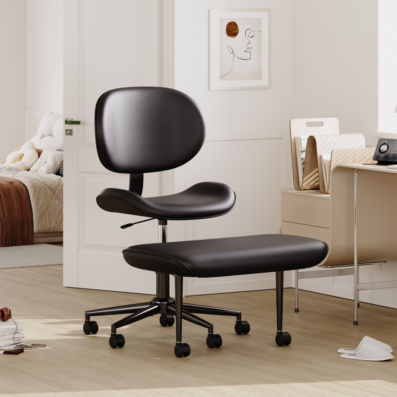 Fauteuil pivotant ergonomique à pattes croisées Pinmoco, fauteuil de méditation réglable en similicuir PU avec dossier, fauteuil de bureau/maison