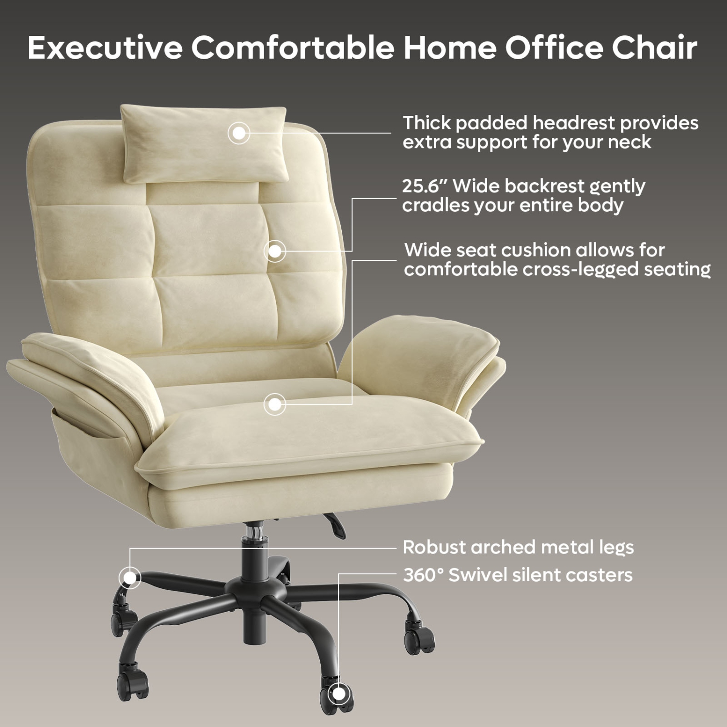 Bestier 24.8" W Velvet Cross-Legged Office Chair with Flip-up Arms, Ergonomic Swivel Executive Chair With Headrest