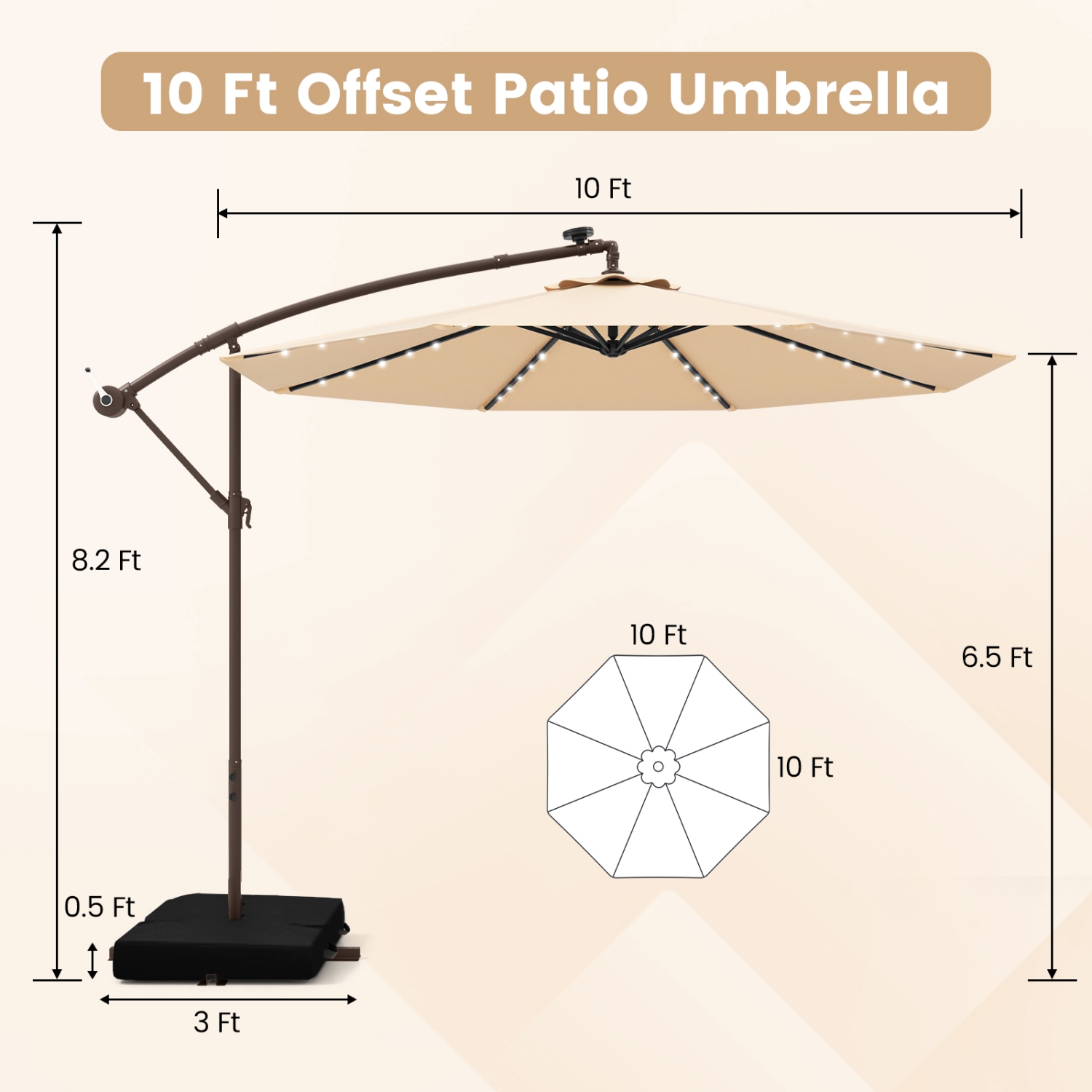 Outdoor Cantilever Umbrella with Built-in LED Lights and Solar Power