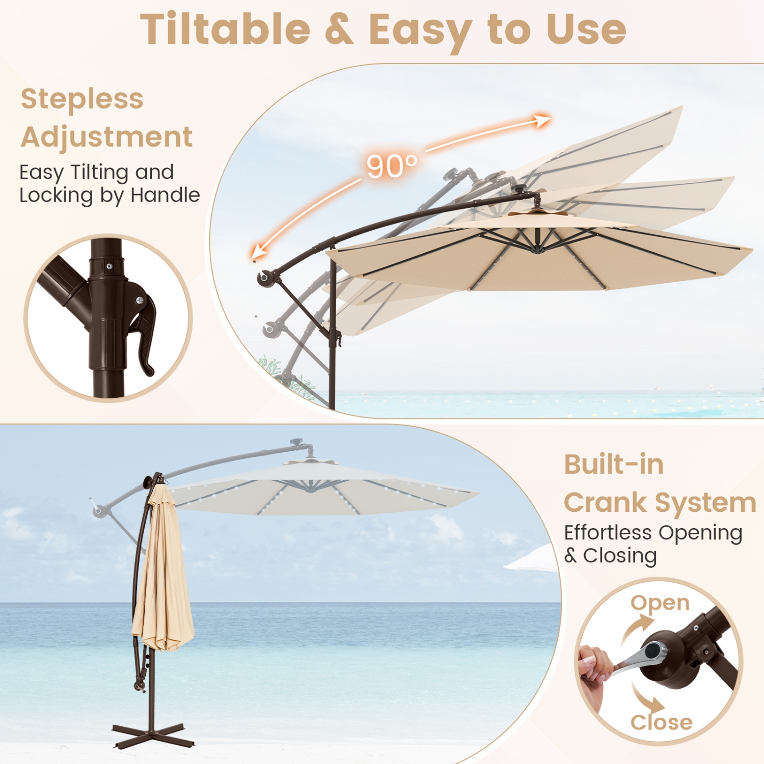 Outdoor Cantilever Umbrella with Built-in LED Lights and Solar Power