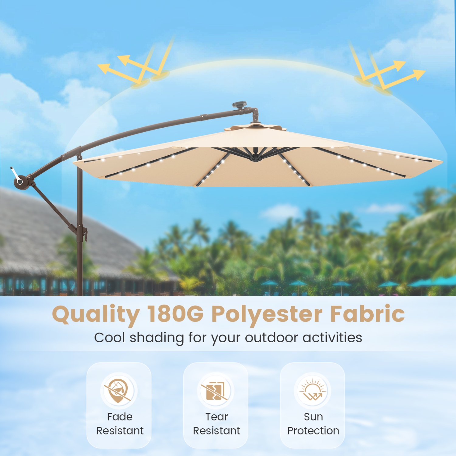 Outdoor Cantilever Umbrella with Built-in LED Lights and Solar Power
