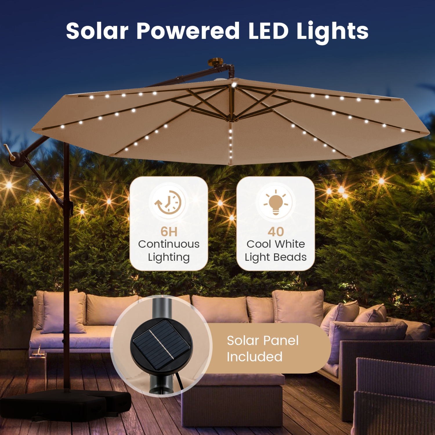 Outdoor Cantilever Umbrella with Built-in LED Lights and Solar Power