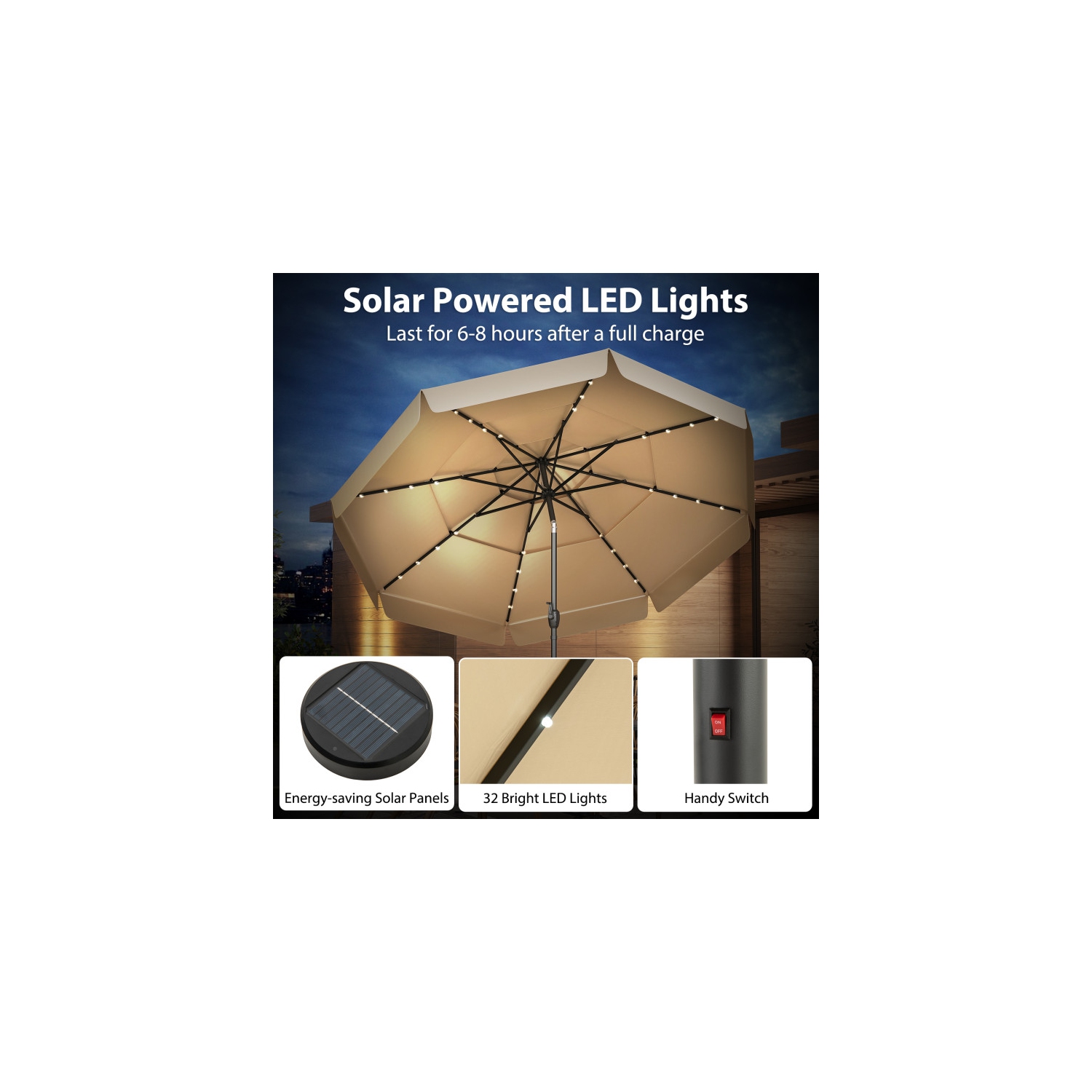 Patio Umbrella with Solar Power and 3-Tier Vent for Outdoor Shade