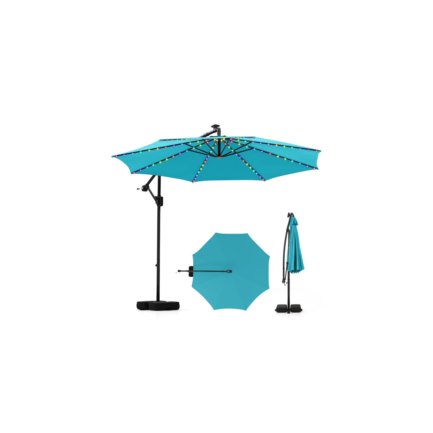 Outdoor Solar Hanging Umbrella with Base and Built-In LED Lights