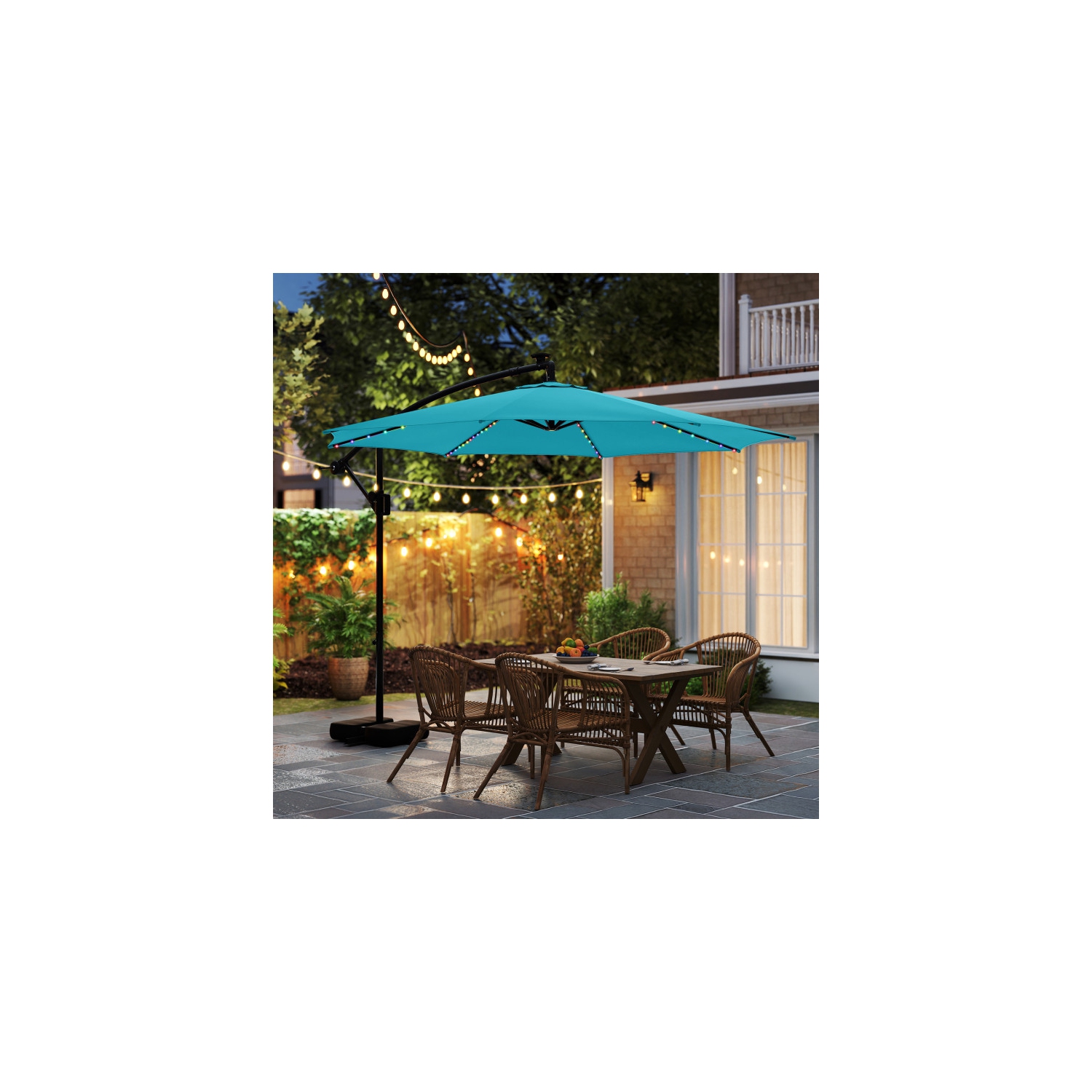 Outdoor Solar Hanging Umbrella with Base and Built-In LED Lights