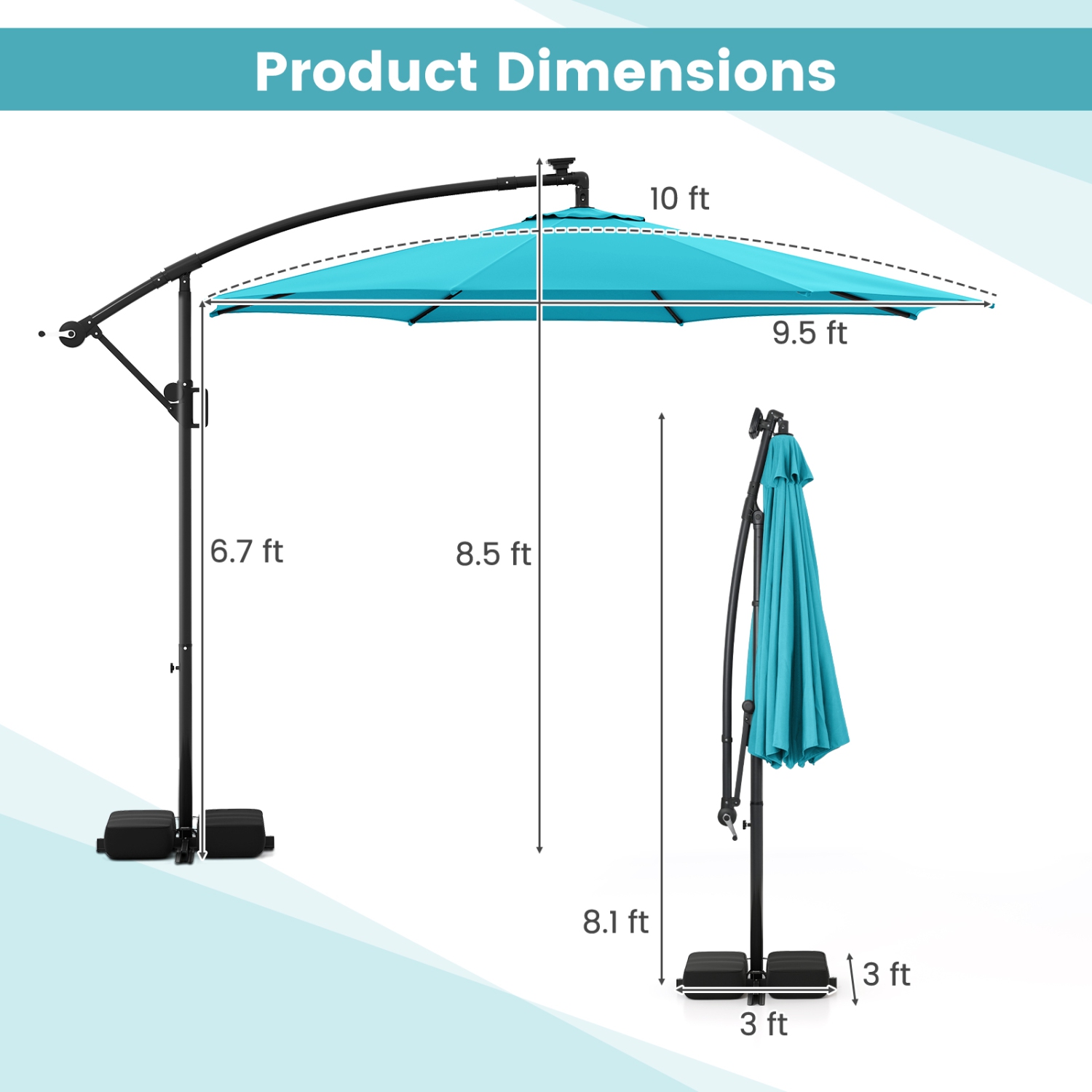 Outdoor Solar Hanging Umbrella with Base and Built-In LED Lights