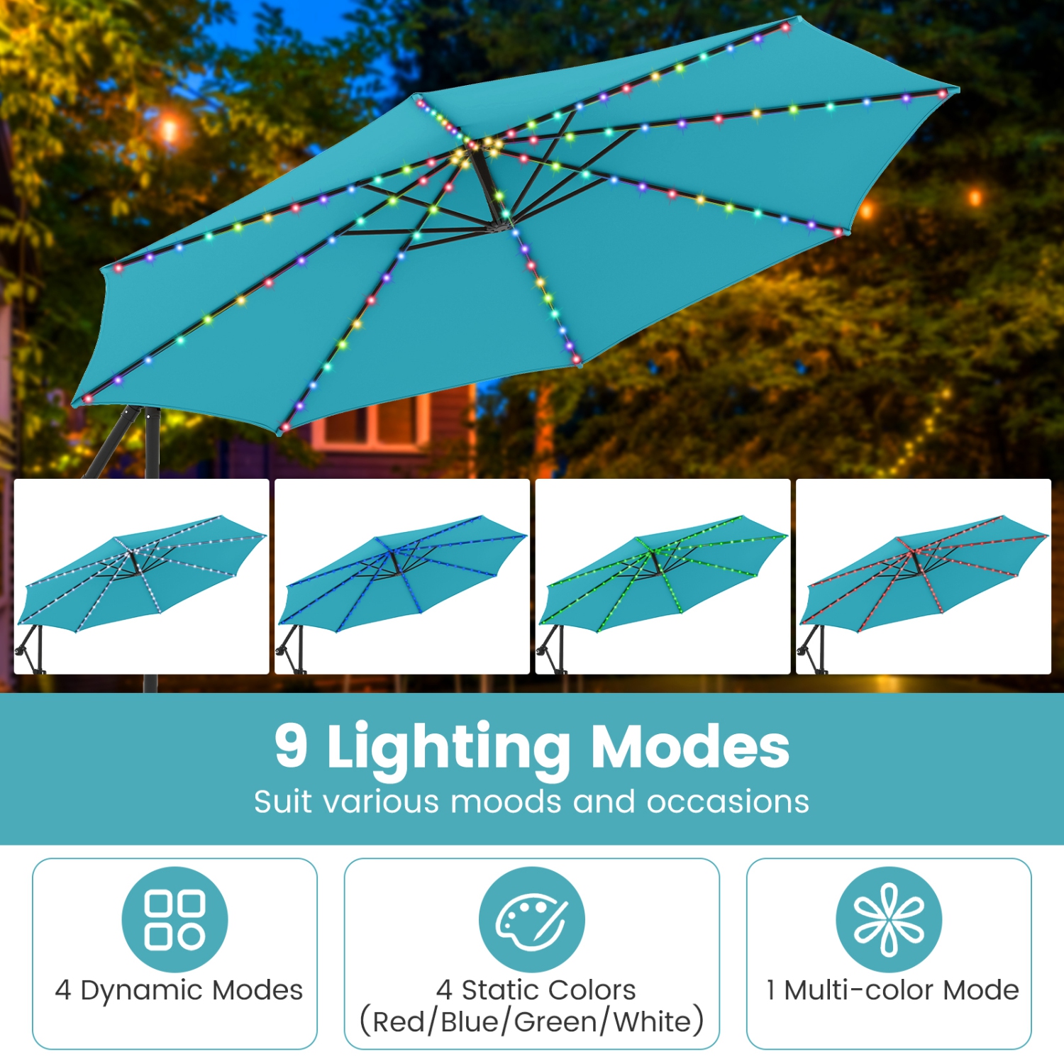 Outdoor Solar Hanging Umbrella with Base and Built-In LED Lights