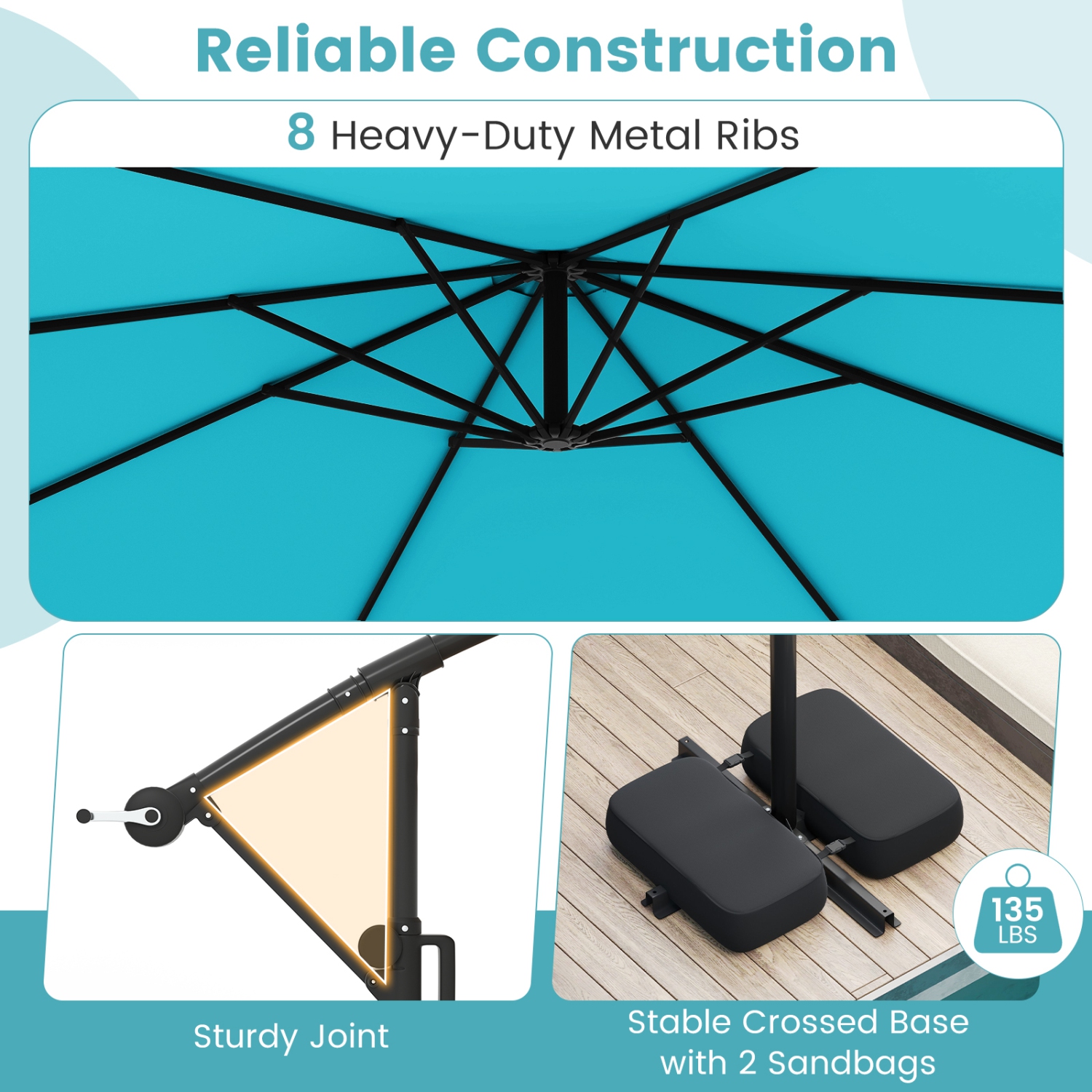 Outdoor Solar Hanging Umbrella with Base and Built-In LED Lights