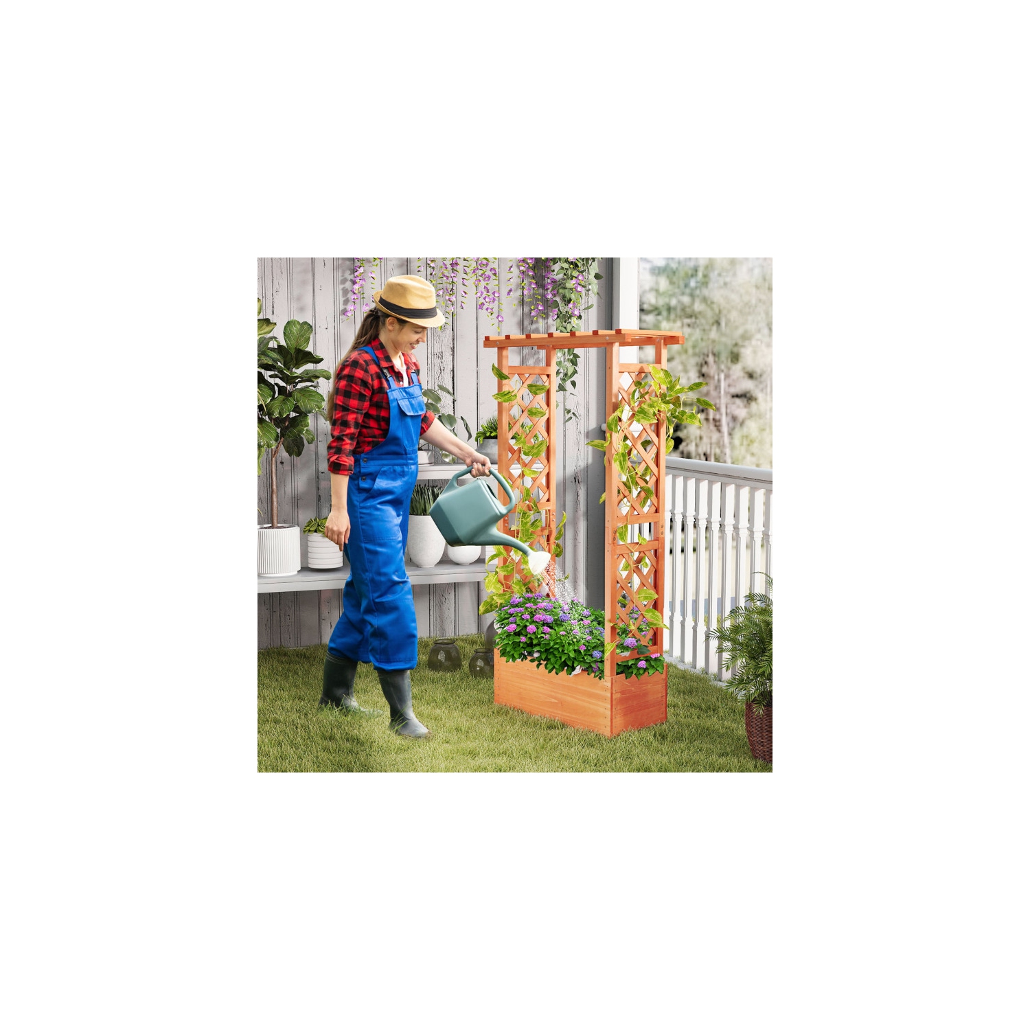 Jardinière avec treillis latéral et toit suspendu, lit de jardin surélevé avec drainage